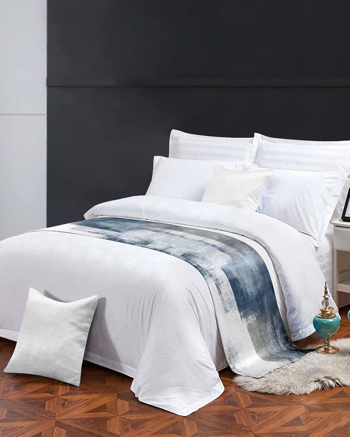 Yukro Bed Runner Scarf, Geometric Abstract Blue and Grey Oil Painting Queen Bed Scarf Runner, No Fading Decorative Bedding Scarf for Bedroom Hotels Homes and Guestrooms