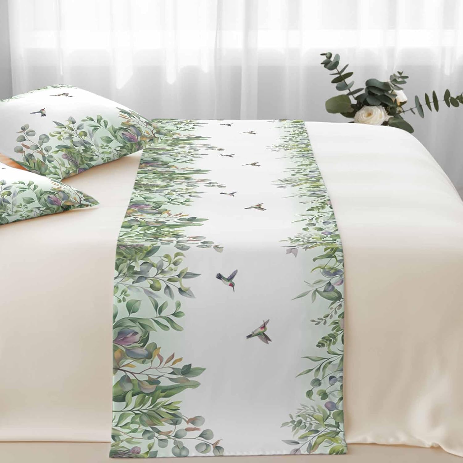 Leaf Bird Bed Runners for Queen Size Beds Sage Greeen Botanical Watercolor Animals Bed Scarf Matching Decorative Throw Pillow Covers Hotel Beds End Blanket Towel Soft Bedspread Protection for Bedroom