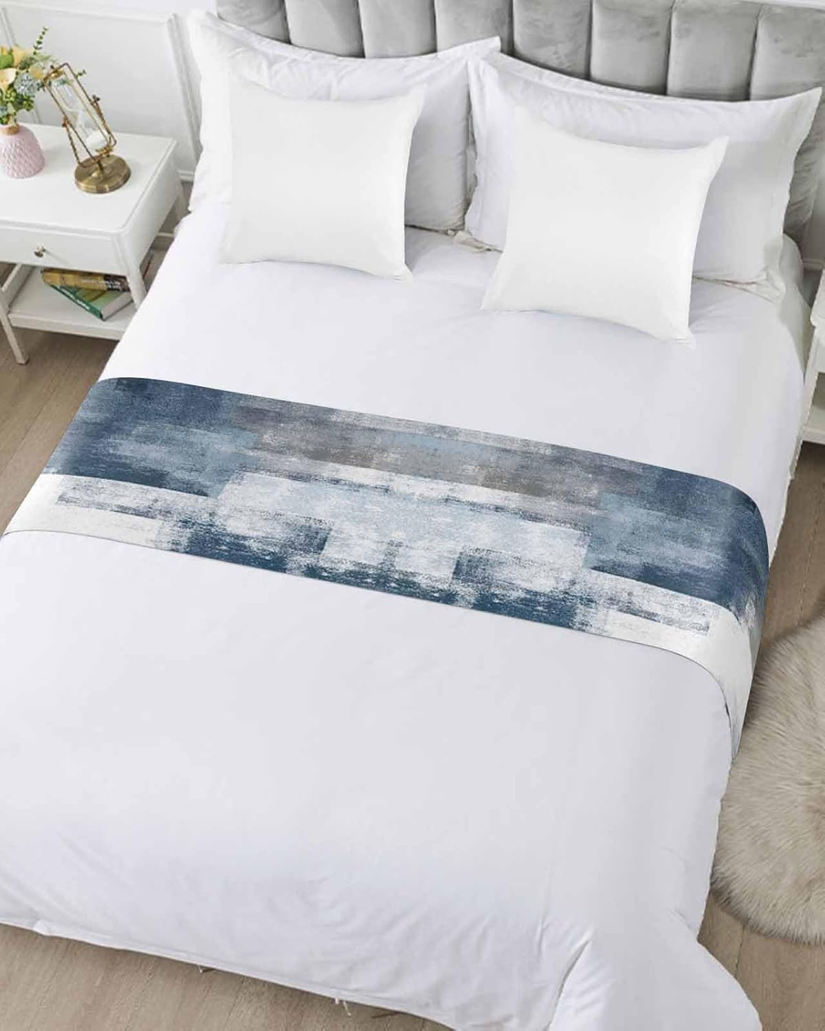 Yukro Bed Runner Scarf, Geometric Abstract Blue and Grey Oil Painting Queen Bed Scarf Runner, No Fading Decorative Bedding Scarf for Bedroom Hotels Homes and Guestrooms