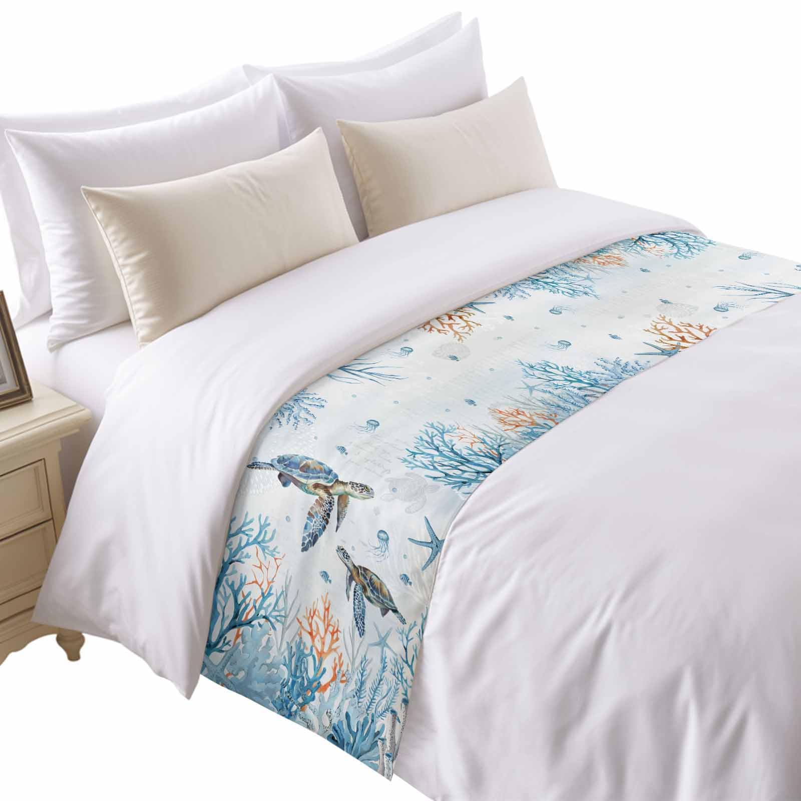 Bed Runner for King Size Bed, Blue Beige Farmhouse Decorative Bed Runners Scarves for Bedroom, Vintage Wooden Striped Washable Bedding Scarf Cover Bed Runner for Foot of Bed