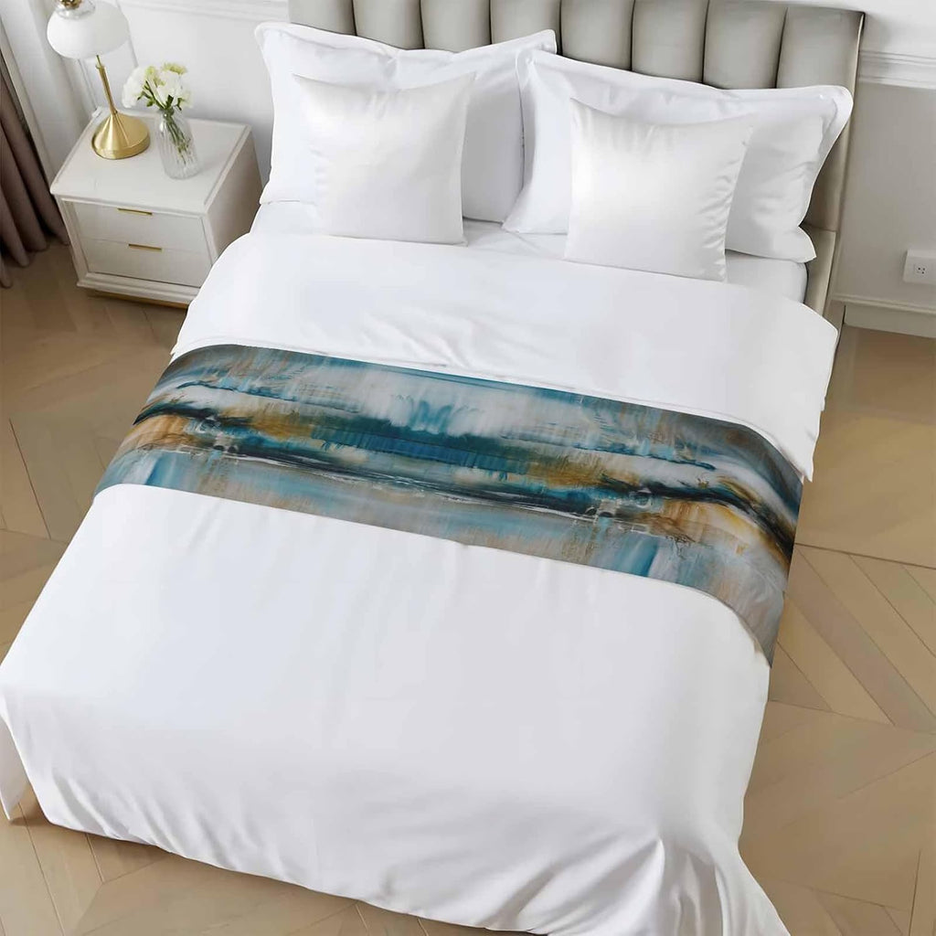 Abstract Mottled Turquoise Green Gray Art Bed Runners for Bedroom Hotel,Decorative Bedding Scarf Retro Painting Bed End Blanket Bedding Runner Scarves for Queen Size Bed,94x20in