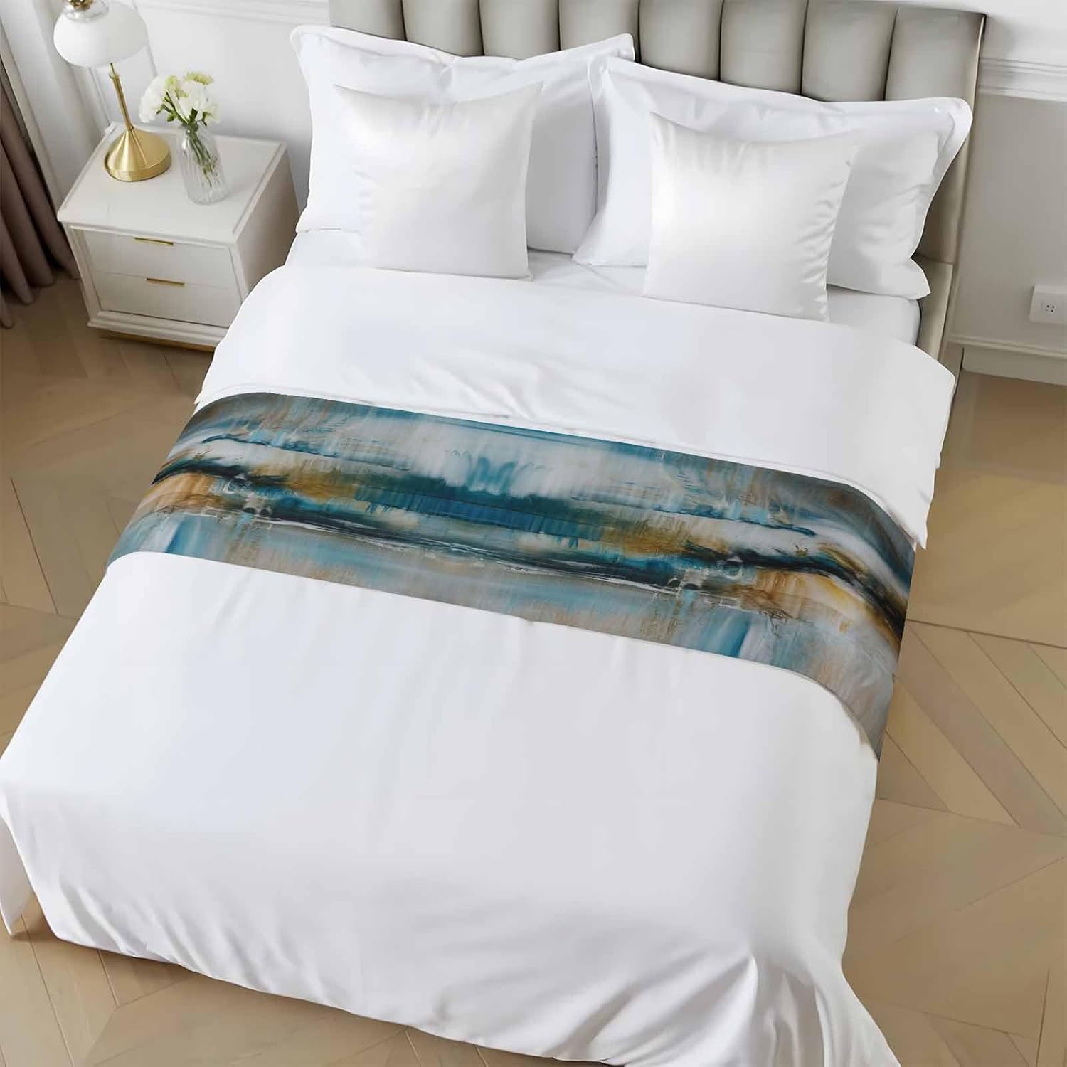 Abstract Mottled Turquoise Green Gray Art Bed Runners for Bedroom Hotel,Decorative Bedding Scarf Retro Painting Bed End Blanket Bedding Runner Scarves for Queen Size Bed,94x20in