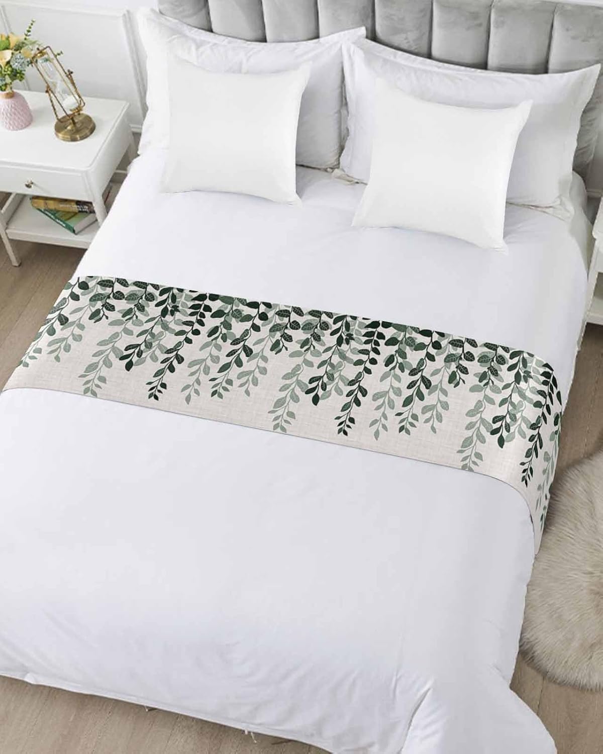 Yukro Ombre Bed Runner Scarf, Plants Gradient Green Leaves Farmhouse Style Linen Texture Queen Bed Scarf Runner, No Fading Decorative Bedding Scarf for Bedroom Hotels Homes and Guestrooms