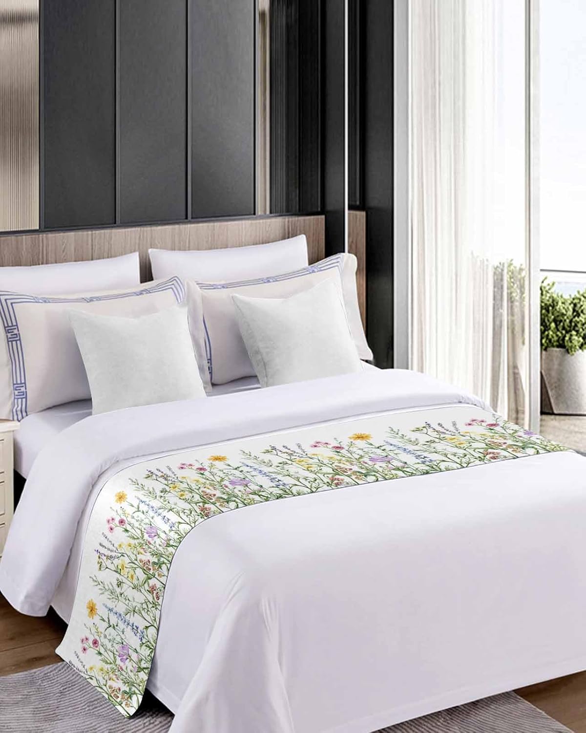 Yukro Bed Runner Scarf, Spring Colorful Wildflower Botanical Green Leaves King Bed Scarf Runner, No Fading Decorative Bedding Scarf for Bedroom Hotels Homes and Guestrooms