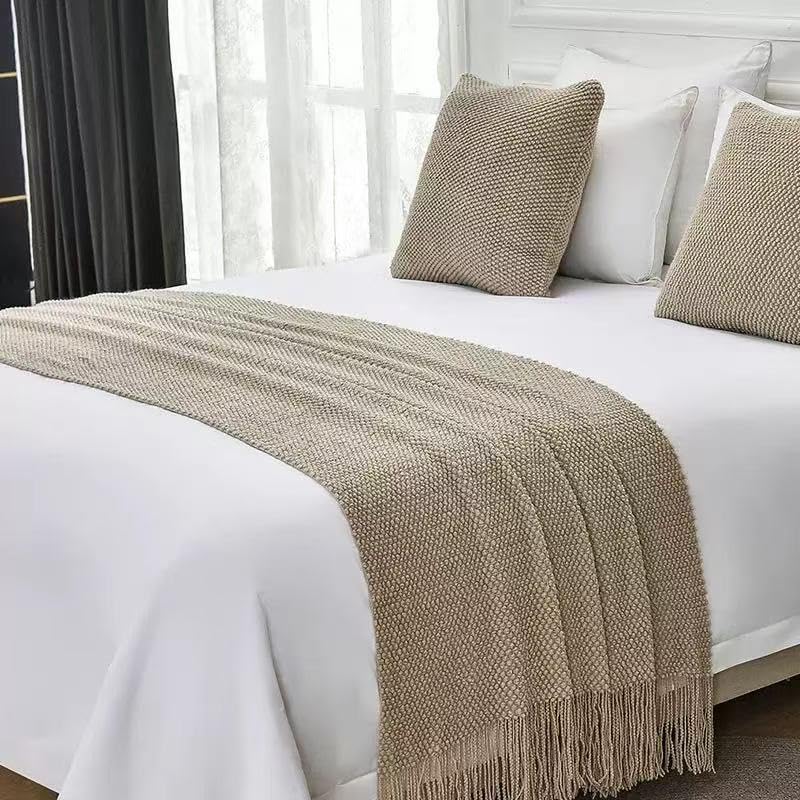 Geometry Bed Runners for King & Queen Size Bed Solid Beige Bed Scarf with Tassel Boho Knit Bed Runner Scarves Decorative for Bedroom Home Hotel (102 x 24 Inches, 1 Piece)