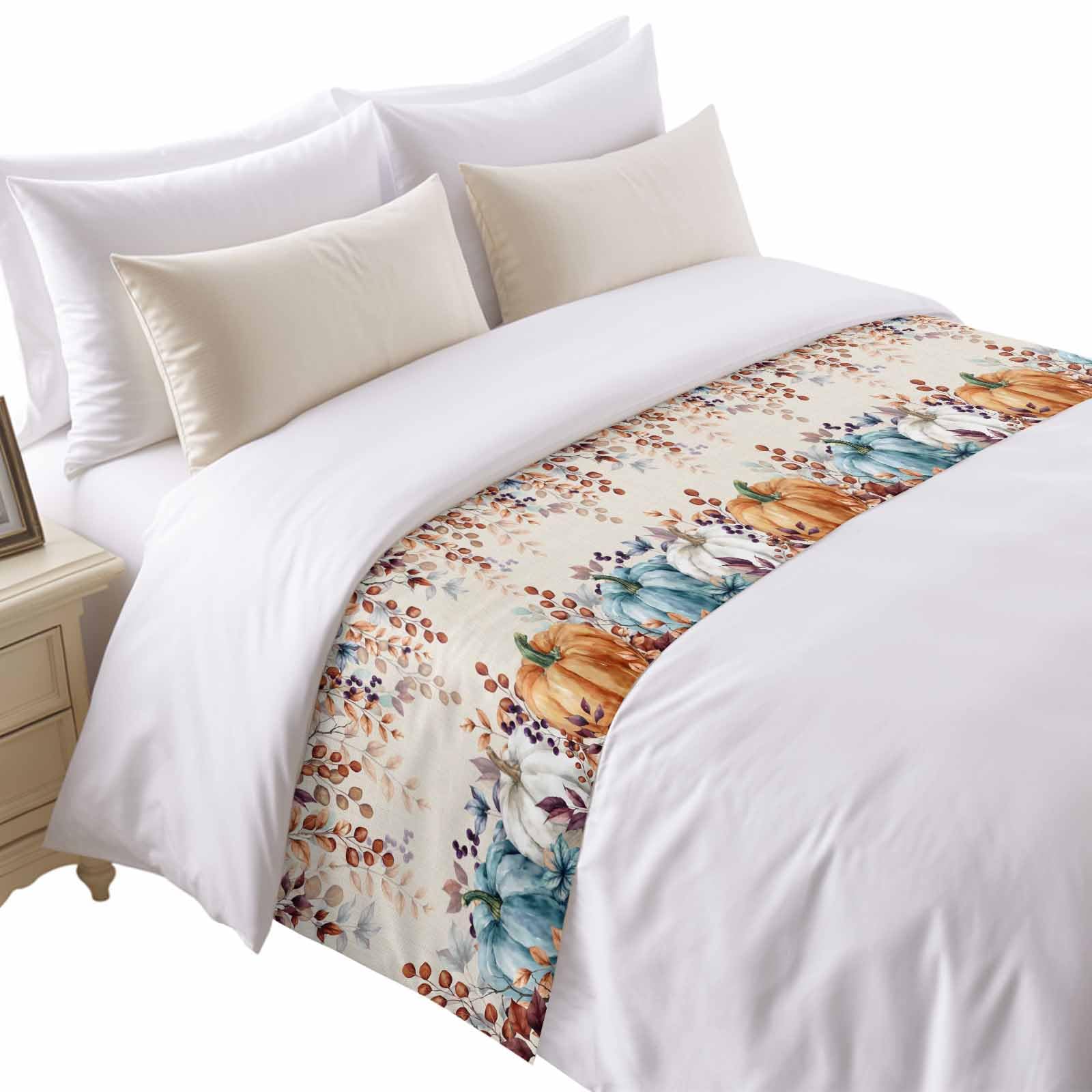 Bed Runner for King Size Bed, Blue Beige Farmhouse Decorative Bed Runners Scarves for Bedroom, Vintage Wooden Striped Washable Bedding Scarf Cover Bed Runner for Foot of Bed