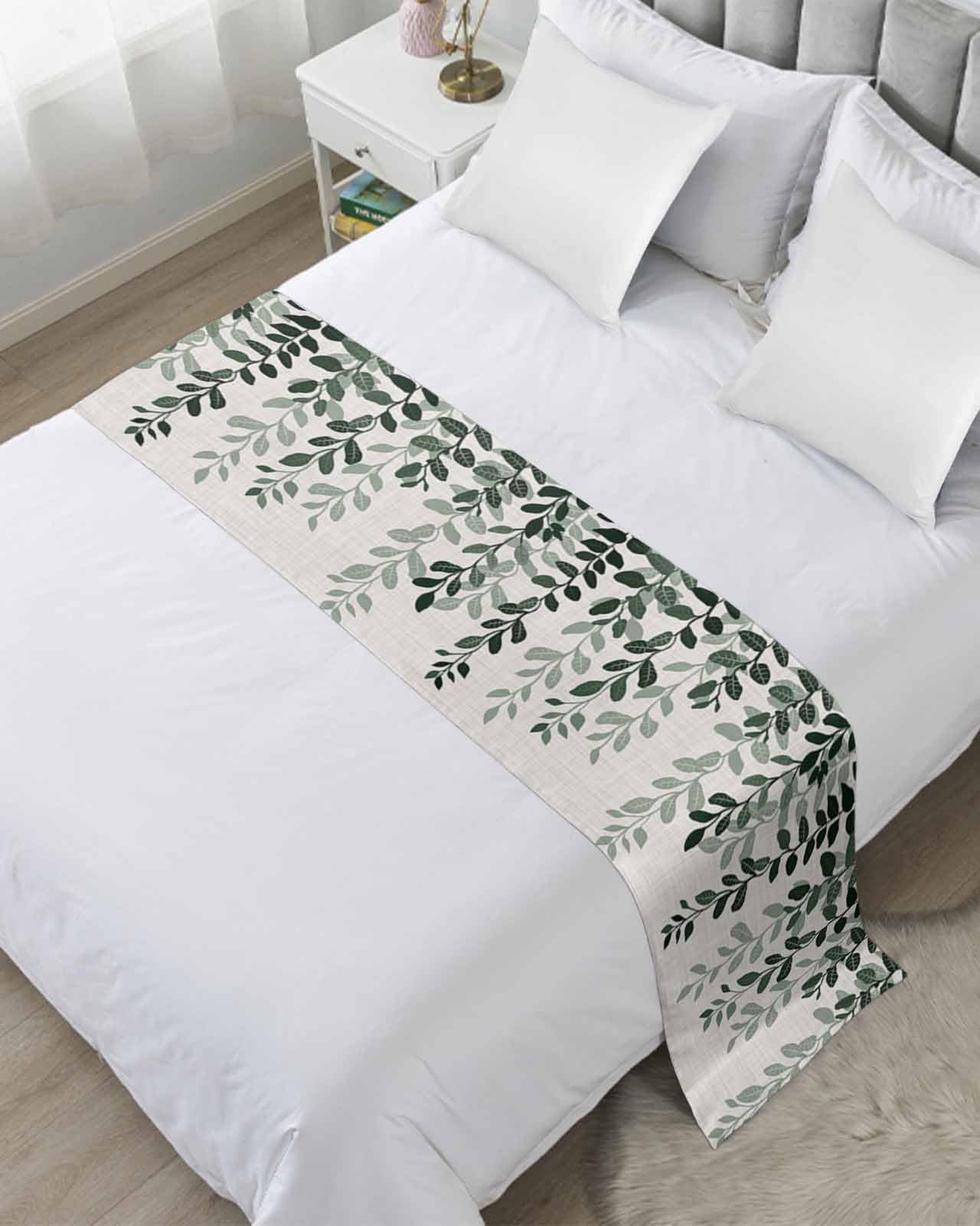 Yukro Ombre Bed Runner Scarf, Plants Gradient Green Leaves Farmhouse Style Linen Texture Queen Bed Scarf Runner, No Fading Decorative Bedding Scarf for Bedroom Hotels Homes and Guestrooms