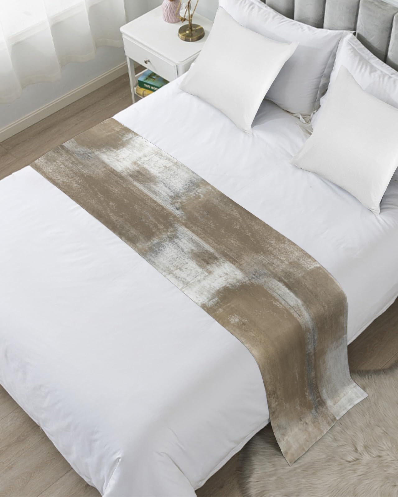 Yukro Bed Runner Scarf, Chinese Style Pattern Brown Background King Bed Scarf Runner, No Fading Decorative Bedding Scarf for Bedroom Hotels Homes and Guestrooms