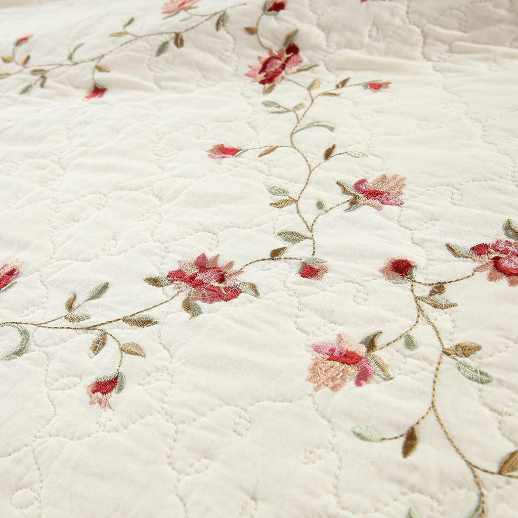vctops 2-Piece Elegant Floral Embroidered Pillow Shams Queen Size 100% Cotton Quilted Decorative Pillow Shams Set (Cream,20"x28")