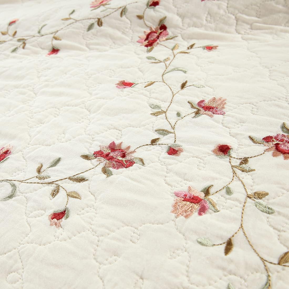 vctops 2-Piece Elegant Floral Embroidered Pillow Shams Queen Size 100% Cotton Quilted Decorative Pillow Shams Set (Cream,20"x28")