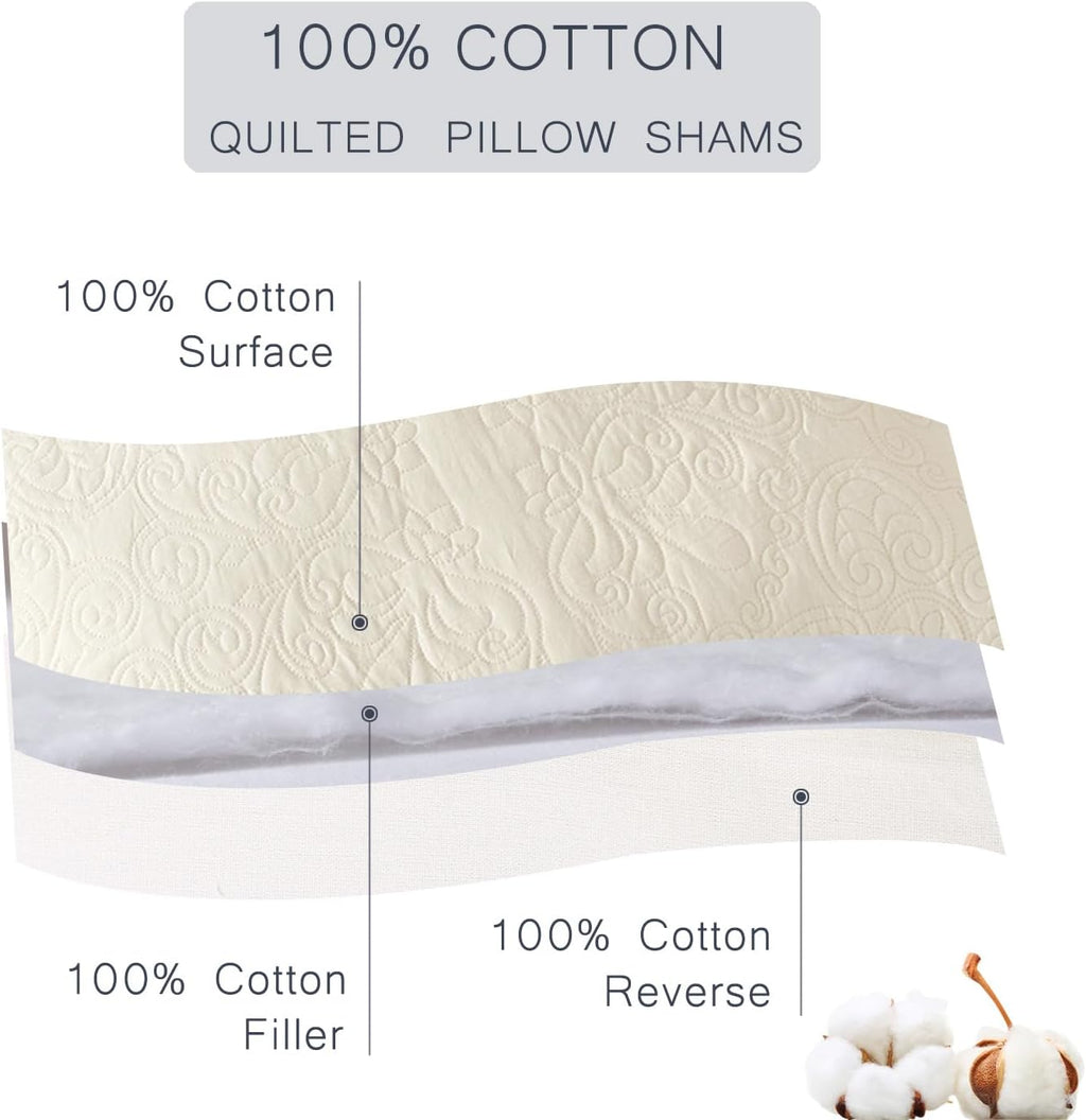 YINFUNG Quilted Pillow Shams Damask Medallion Ivory Standard Set of 2 Cream Embroidered Vintage Pillowcases Embossed Textured Cotton Pattern Bright White