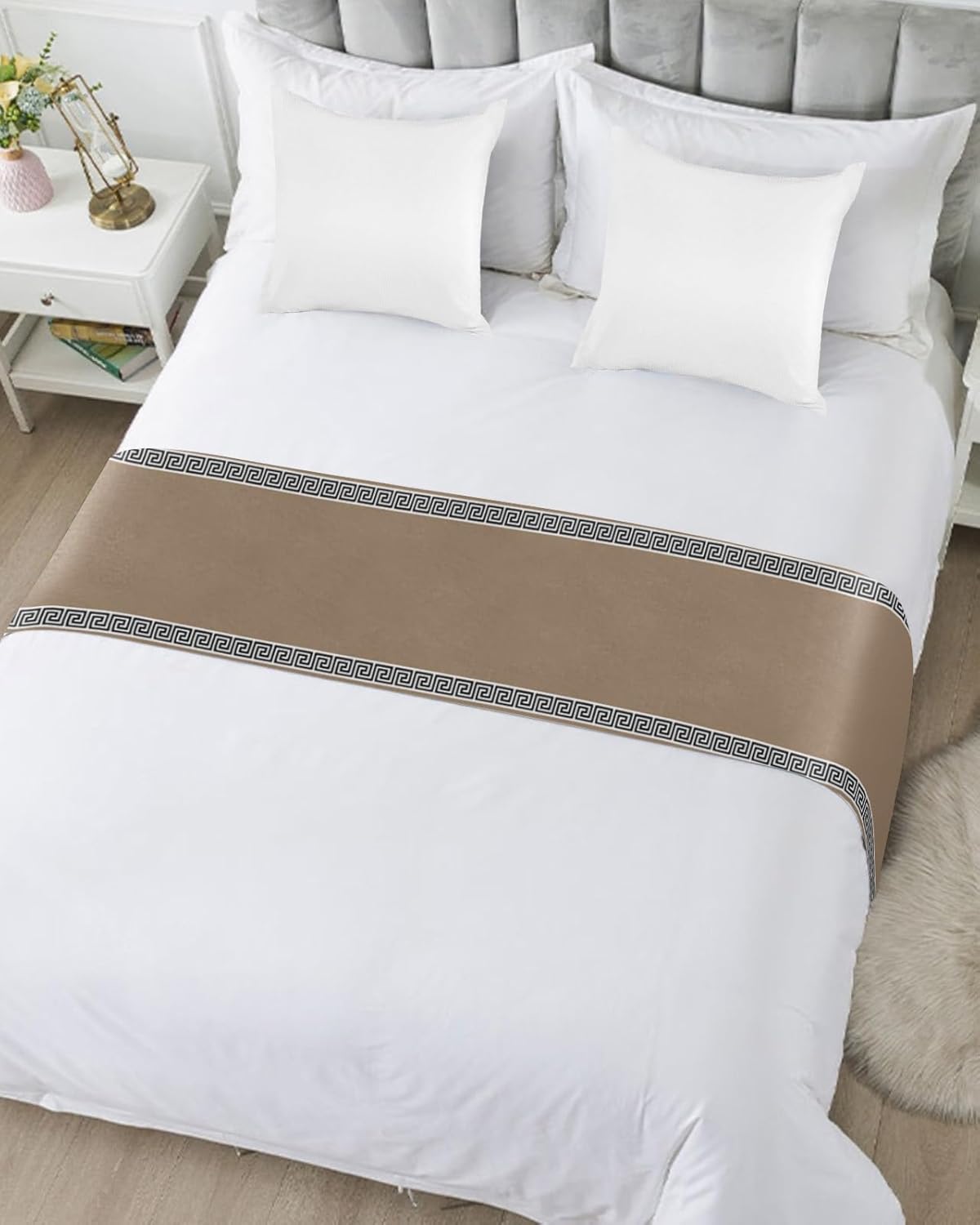 Yukro Bed Runner Scarf, Chinese Style Pattern Brown Background King Bed Scarf Runner, No Fading Decorative Bedding Scarf for Bedroom Hotels Homes and Guestrooms