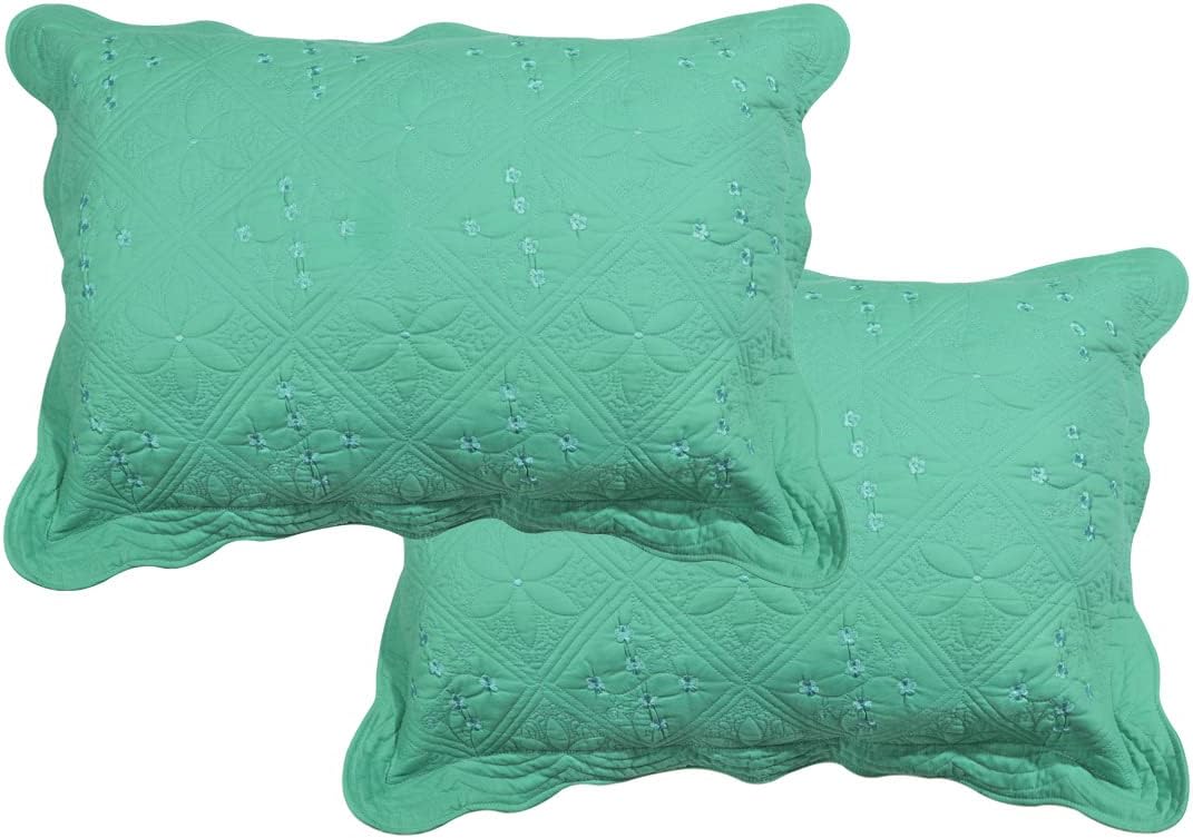 Solid Color 100% Cotton Quilted Pillow Shams Set of 2 Floral Embroidery Bed Pillow Shams Soft Pillow Covers Queen Size (Green A,20"x28")