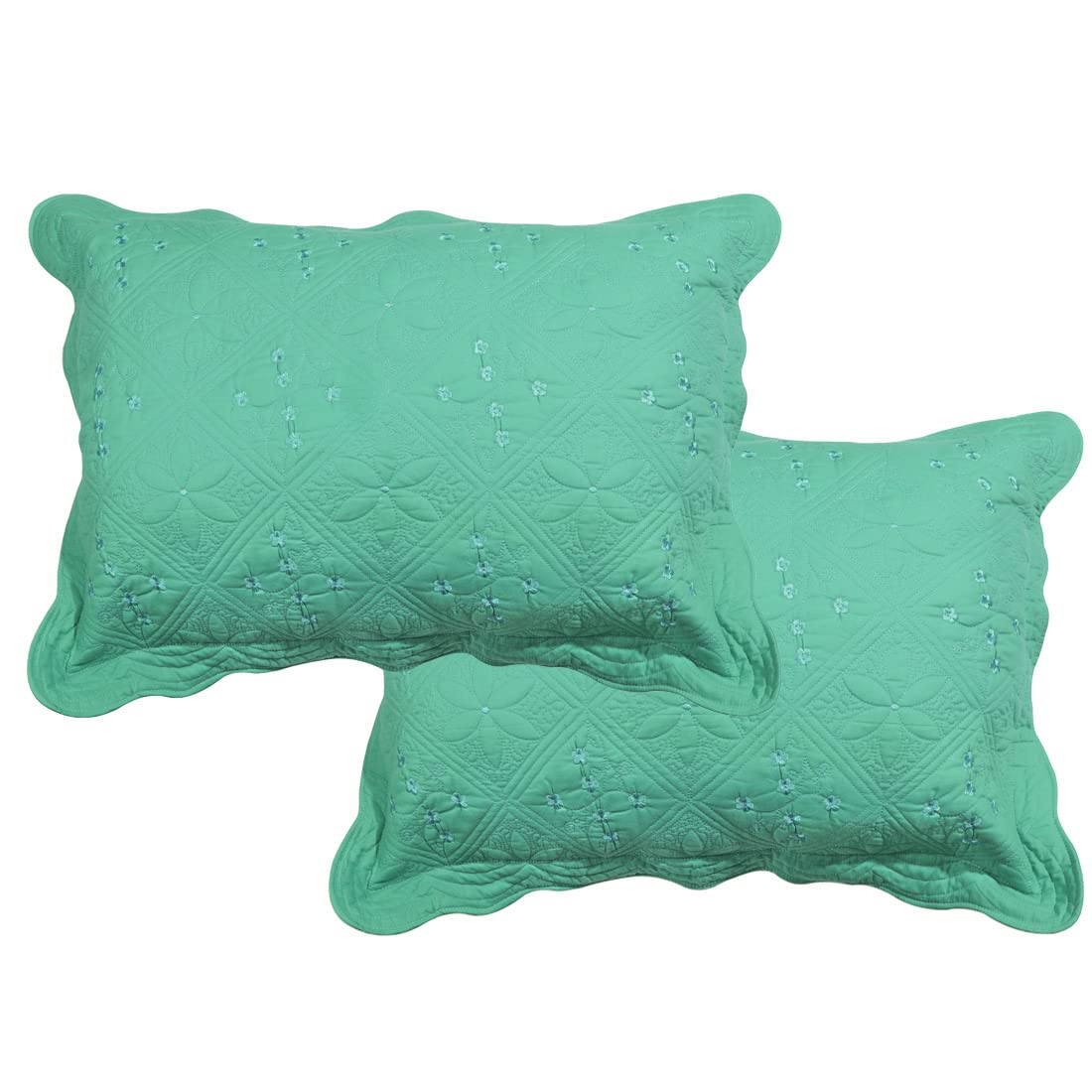 Solid Color 100% Cotton Quilted Pillow Shams Set of 2 Floral Embroidery Bed Pillow Shams Soft Pillow Covers Queen Size (Green A,20"x28")