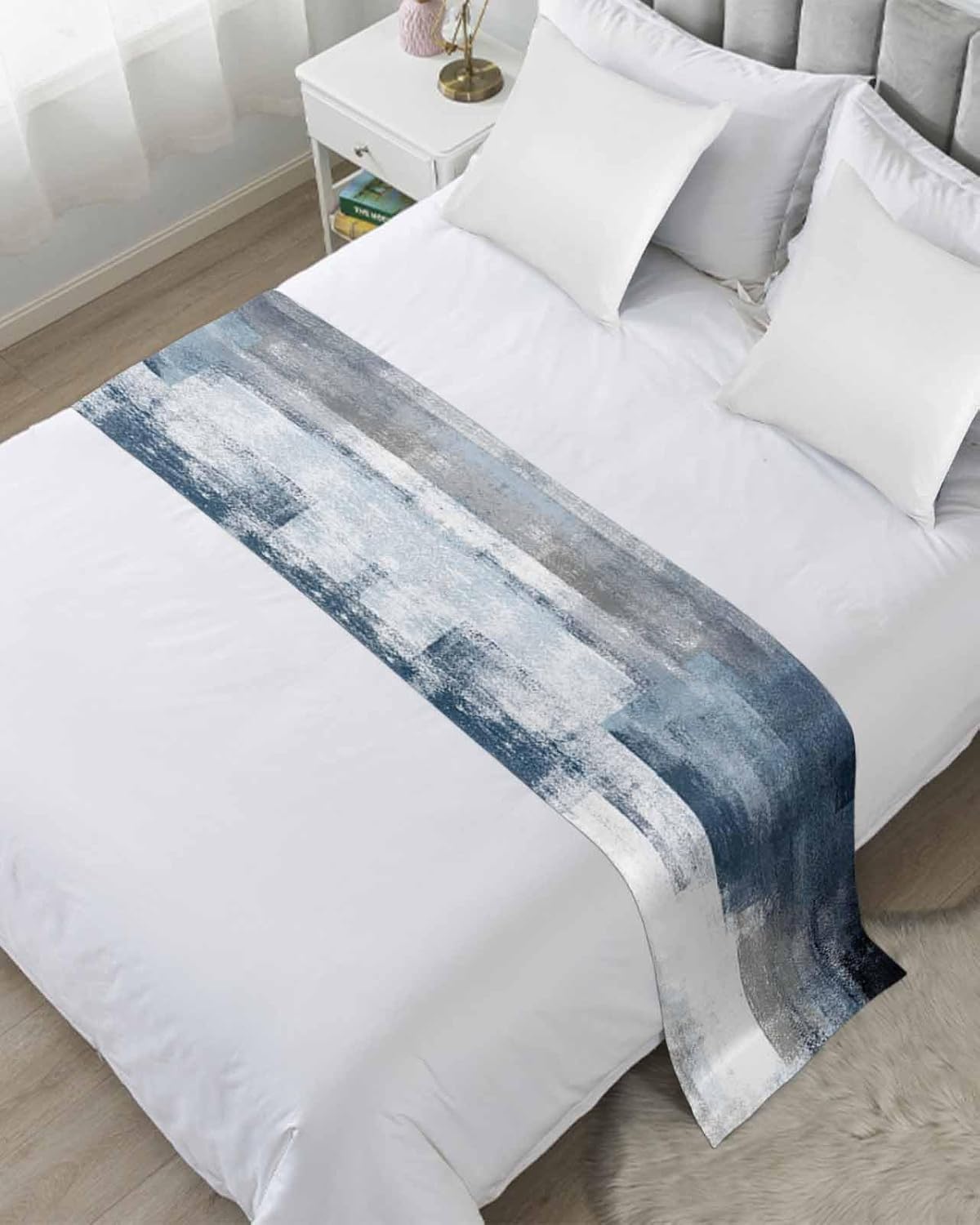 Yukro Bed Runner Scarf, Geometric Abstract Blue and Grey Oil Painting Queen Bed Scarf Runner, No Fading Decorative Bedding Scarf for Bedroom Hotels Homes and Guestrooms