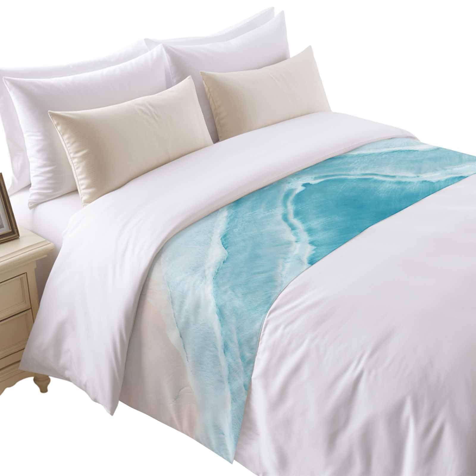 Bed Runner for King Size Bed, Blue Beige Farmhouse Decorative Bed Runners Scarves for Bedroom, Vintage Wooden Striped Washable Bedding Scarf Cover Bed Runner for Foot of Bed