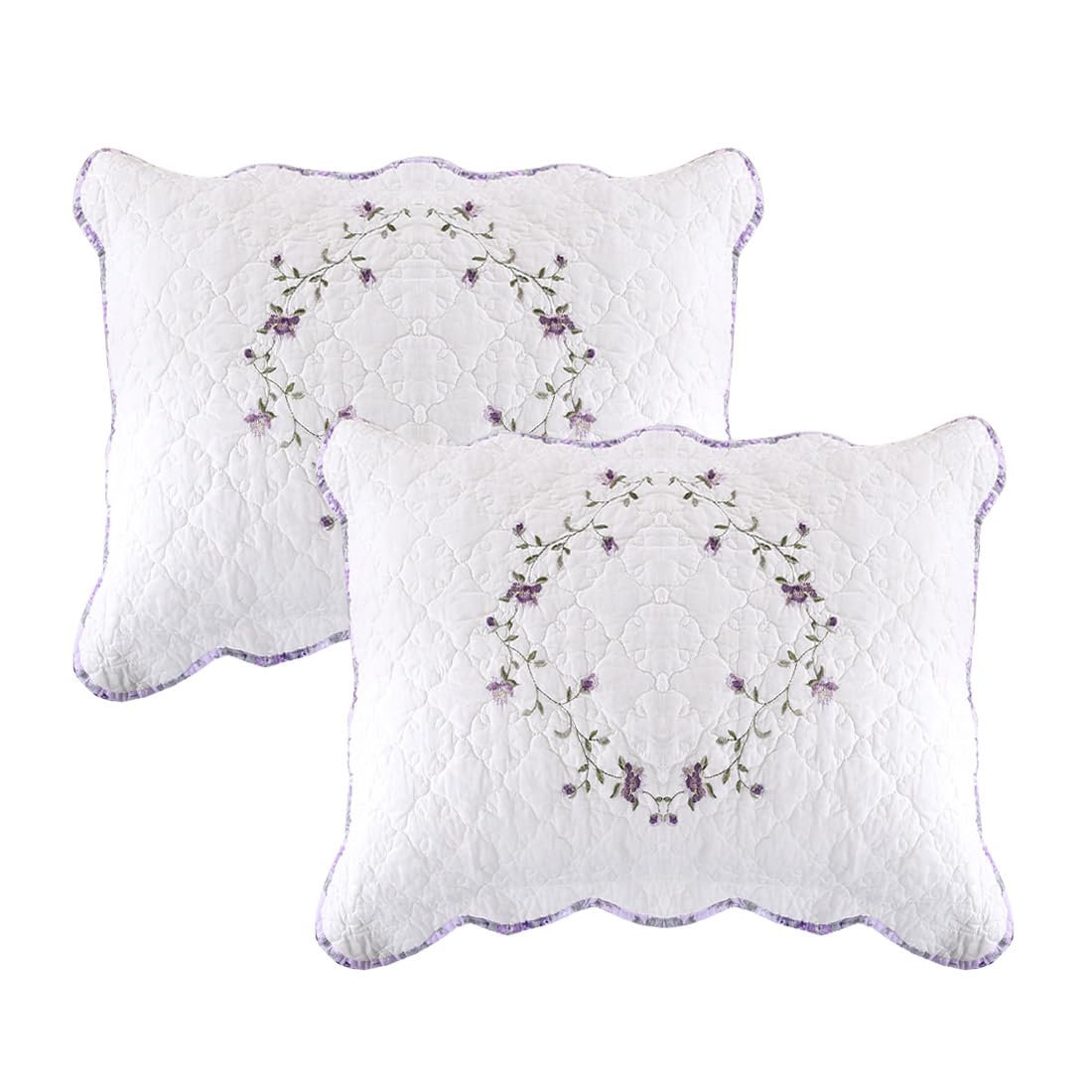 vctops 2-Piece Elegant Floral Embroidered Pillow Shams Queen Size 100% Cotton Quilted Decorative Pillow Shams Set (Cream,20"x28")