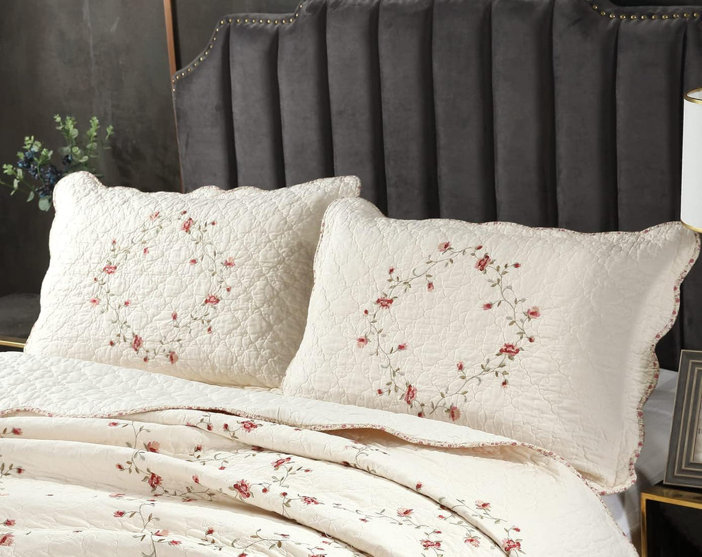 vctops 2-Piece Elegant Floral Embroidered Pillow Shams Queen Size 100% Cotton Quilted Decorative Pillow Shams Set (Cream,20"x28")