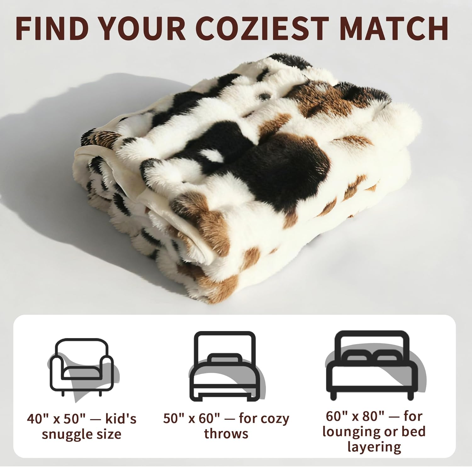 Cow Print Faux Fur Throw Blanket for Couch – 1000GSM Soft & Fluffy Cow Blanket for Bed, Sofa & Living Room, Warm Cozy Cow Gift for Women, 50x60 Inches Black to White Ombre with Brown Undertones