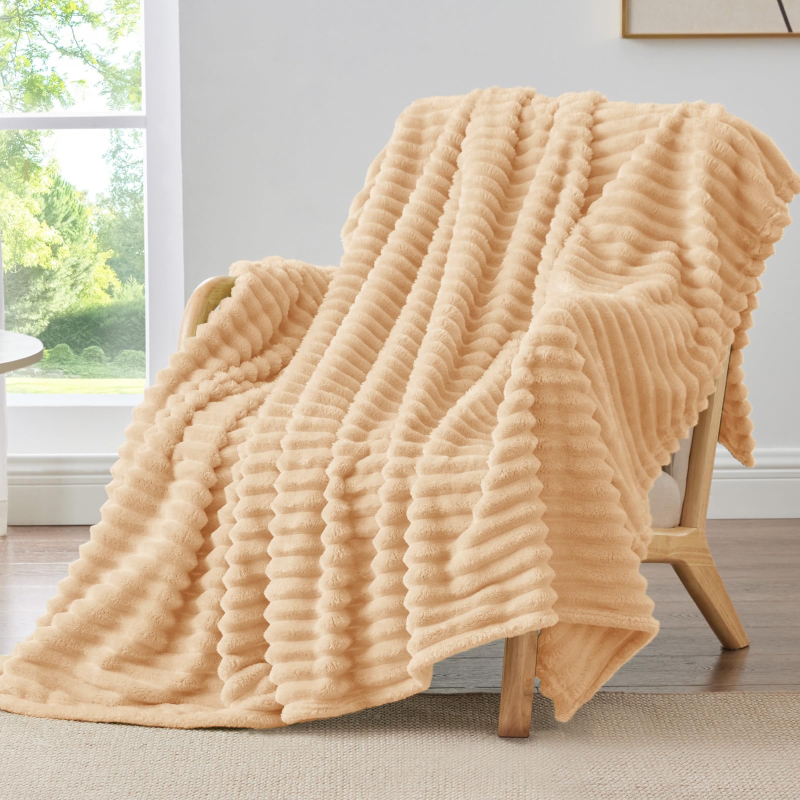 BEDELITE Fleece Throw Blanket for Couch - 300GSM Soft & Warm Fluffy Cream White Blanket, Decorative and Giftable Striped Blankets for Women, Men, 50"x60"