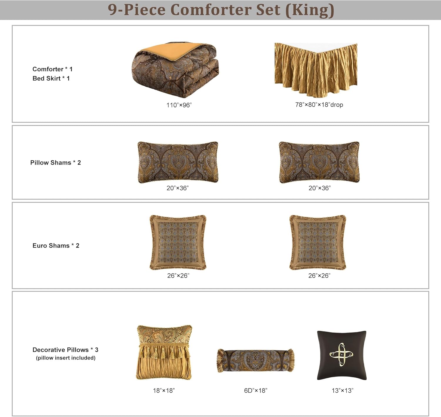 Loom and Mill Jacquard Comforter Set-9 Piece, Luxury Classic Antique Comforter Set King, Ultra Soft Damask Bedding with Euro Shams, Bedskirt, Filled Decorative Pillows(Cambridge, King),Bronze Gold