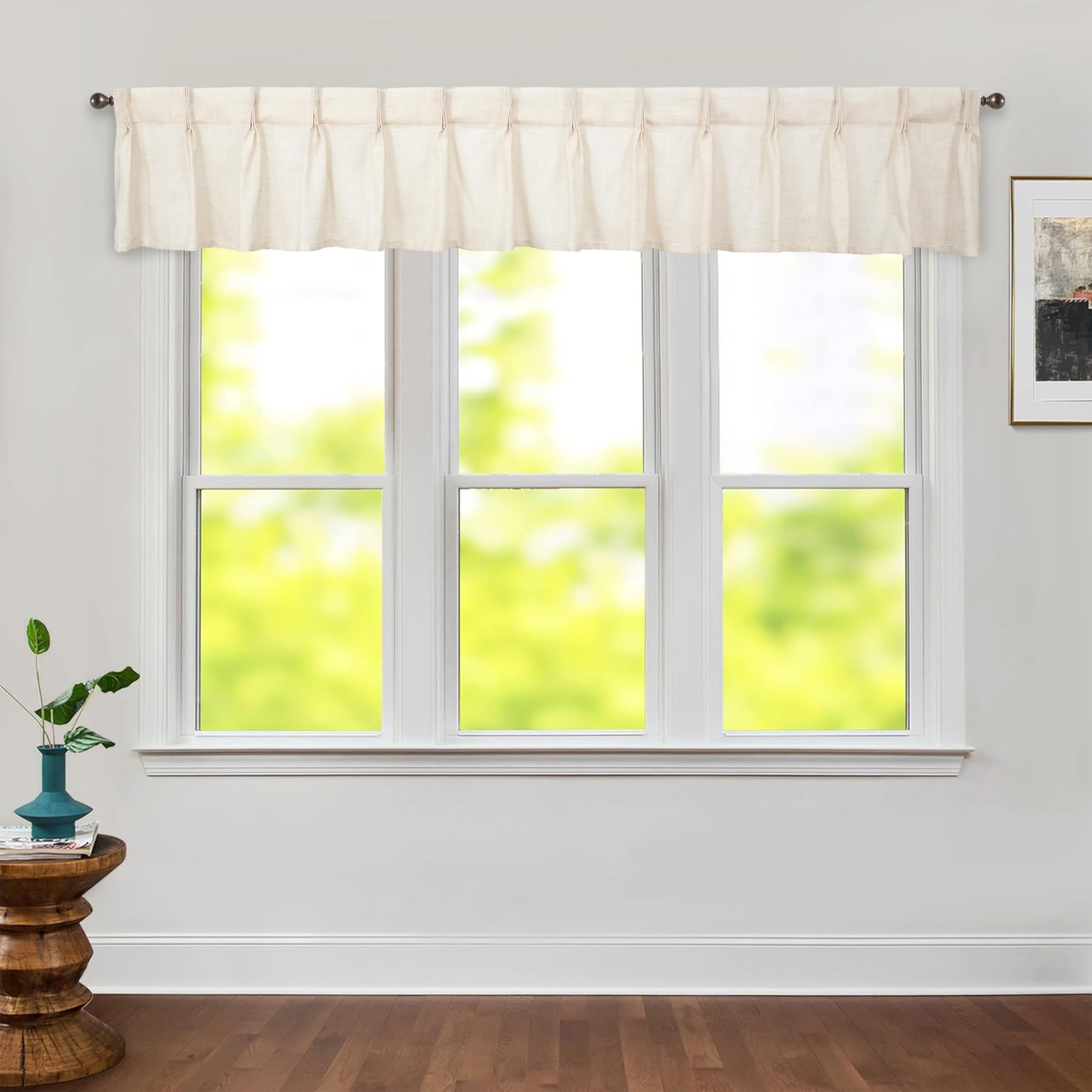 DriftAway Pinch Pleat Valance for Kitchen Window Linen Textured Valance for Living Room Farmhouse Semi Sheer Linen Curtain Valance Window Treatment Back Tabs 50 Inches by 16 Inches Light Linen