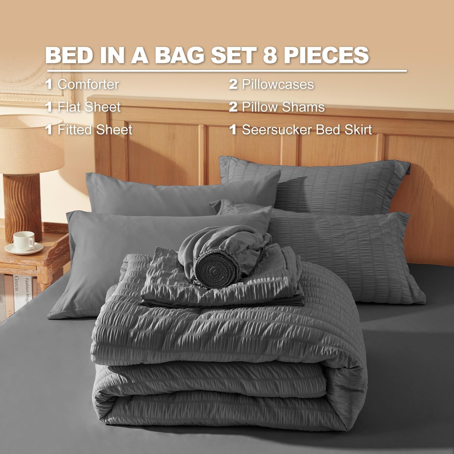 Laojin Balhen Full Size Comforter Set 8 Pieces, Seersucker Bed in a Bag Full, Dark Grey Comforter with Sheets, Comforters Full Size Bedding Sets with Comforter, Sheets, Pillowcase & Sham and Bed Skirt