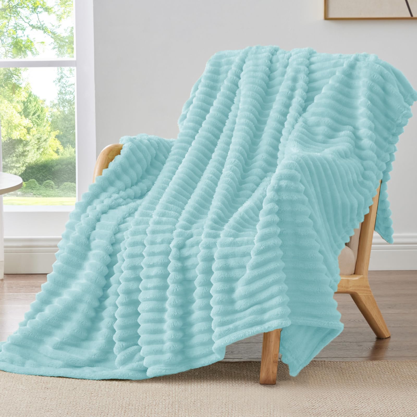 BEDELITE Fleece Throw Blanket for Couch - 300GSM Soft & Warm Fluffy Cream White Blanket, Decorative and Giftable Striped Blankets for Women, Men, 50"x60"