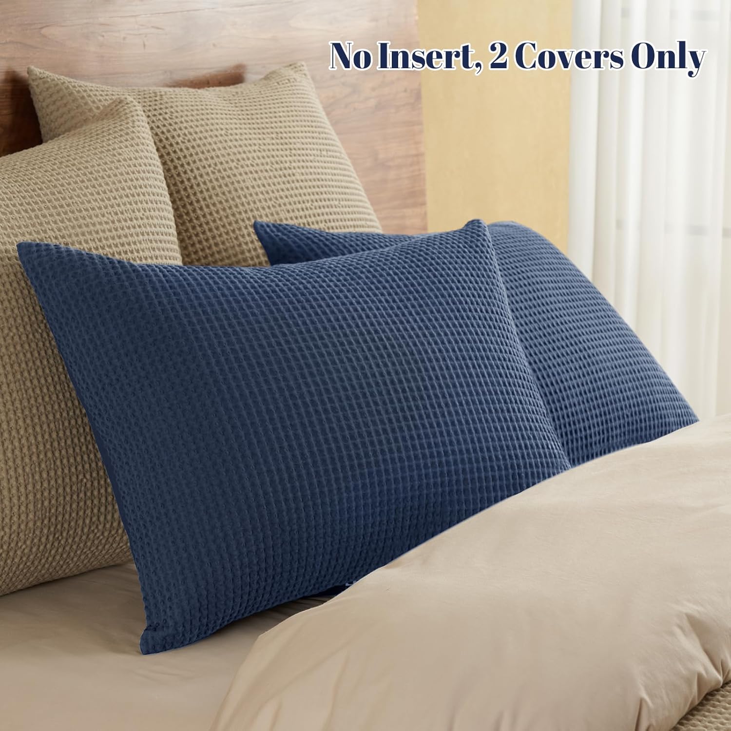 PHF 100% Cotton Waffle Pillow Shams Standard Size, 2 Pack 20" x 26" Soft Skin-Friendly and Breathable Pillowcases, No Filling, Aesthetic Woven Waffle Weave Pillow Covers for Bed, Dark Navy