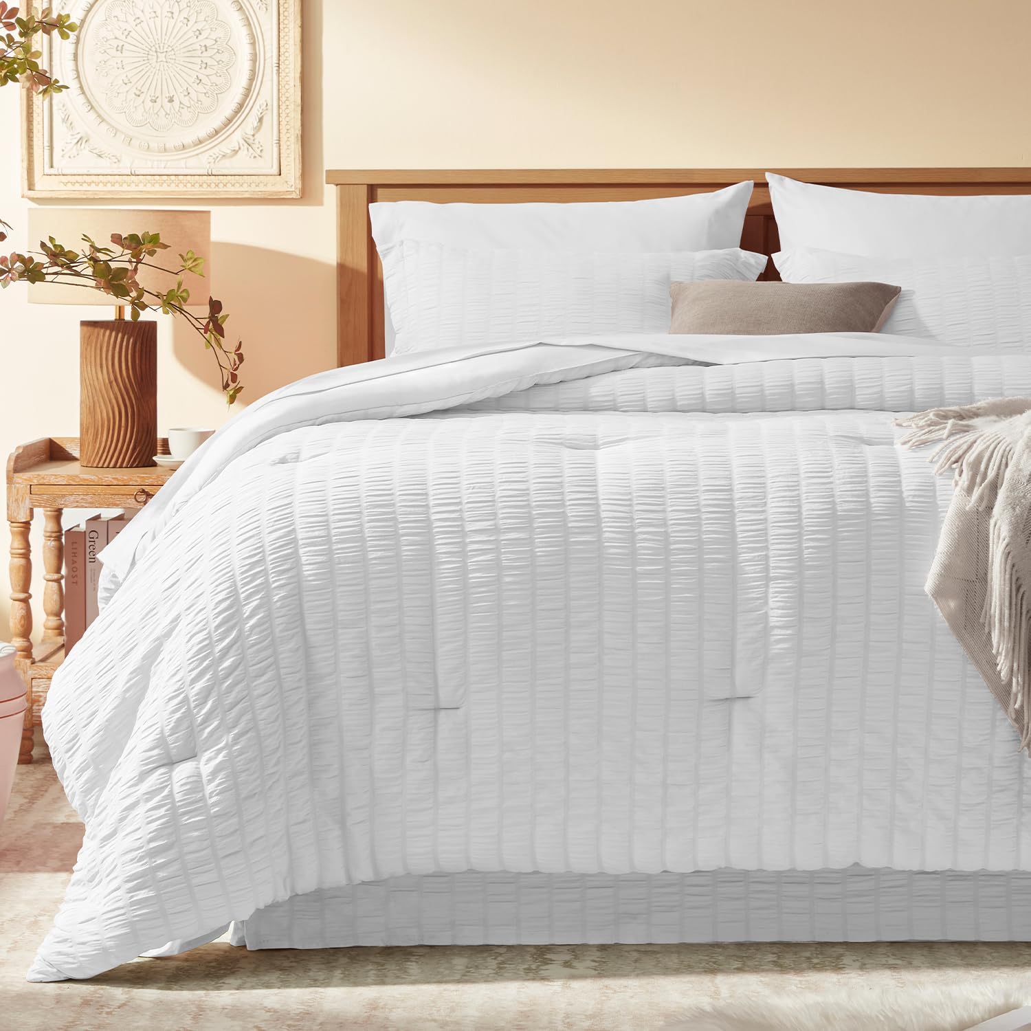 Laojin Balhen Full Size Comforter Set 8 Pieces, Seersucker Bed in a Bag Full, Dark Grey Comforter with Sheets, Comforters Full Size Bedding Sets with Comforter, Sheets, Pillowcase & Sham and Bed Skirt