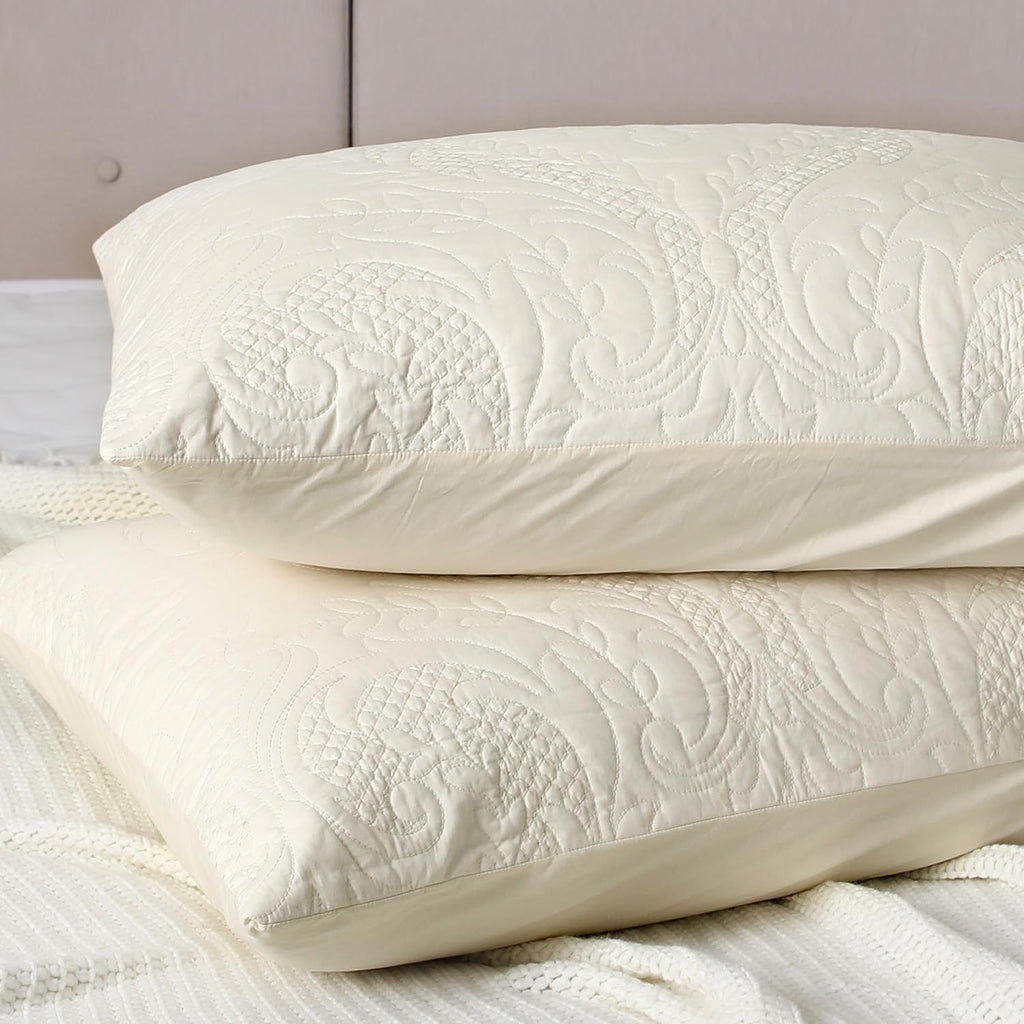 Quilted Pillow Sham Ivory Damask Standard Set of 2 Embroidered Floral Pillowcases Embossed Textured Cotton Vintage Pattern Cream 20×26