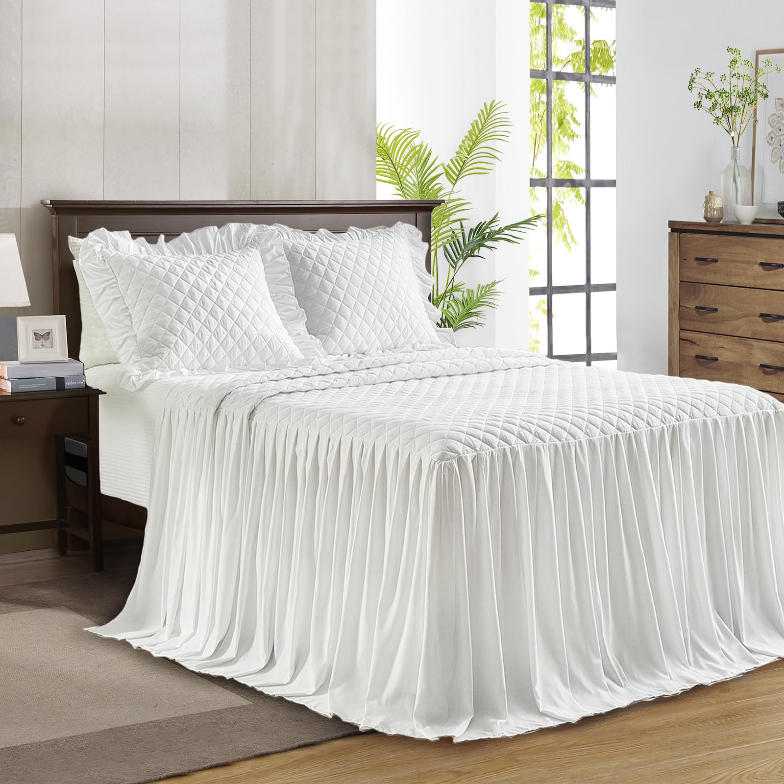 Ruffle Skirt Bedspread Set - 30" Long Drop - Vintage Chic Ruffled Summer Coverlet Bed Spreads Quilt Boho Bedding Farmhouse Style Lightweight Luxurious Rustic 2 Piece Set Twin Size Black