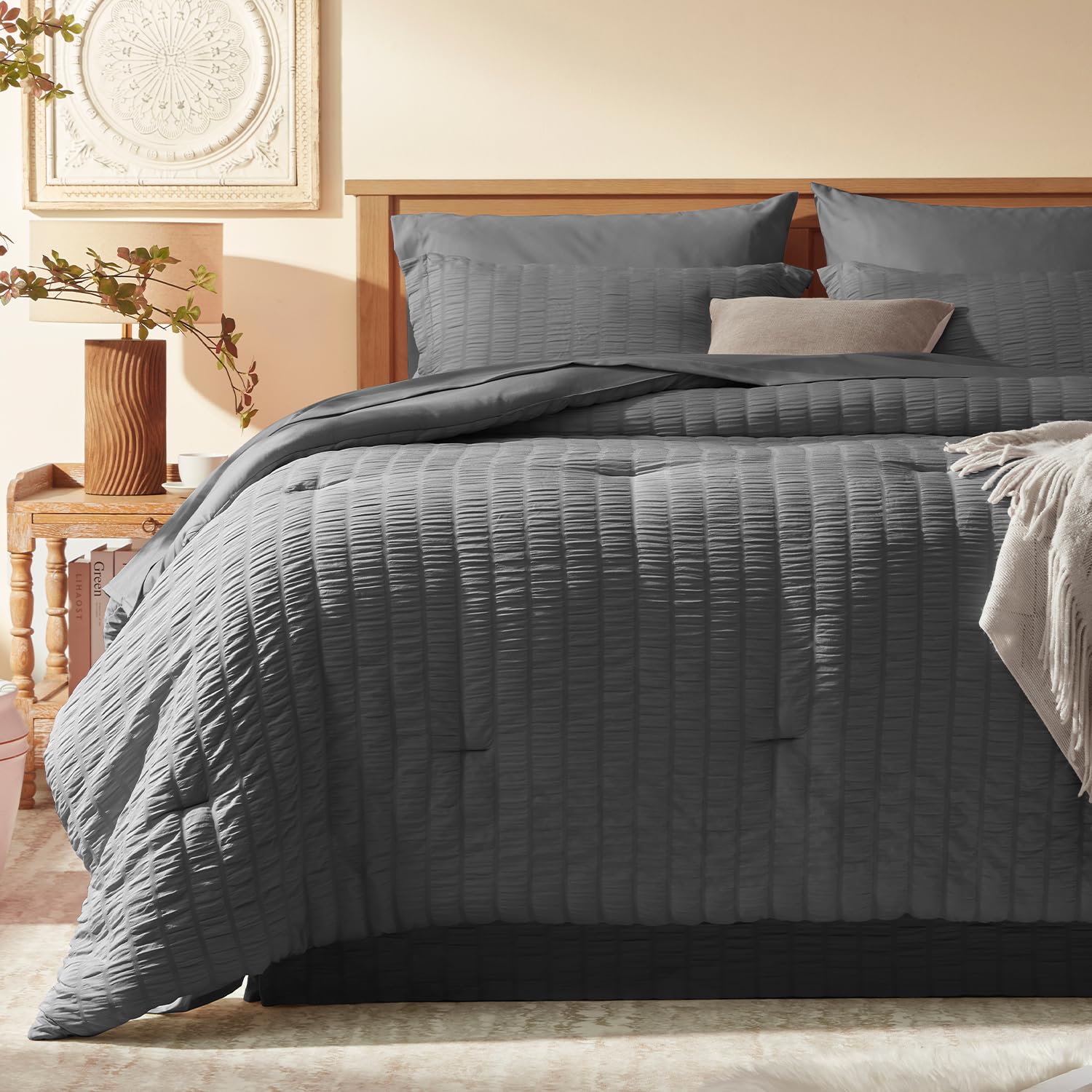 Laojin Balhen Full Size Comforter Set 8 Pieces, Seersucker Bed in a Bag Full, Dark Grey Comforter with Sheets, Comforters Full Size Bedding Sets with Comforter, Sheets, Pillowcase & Sham and Bed Skirt
