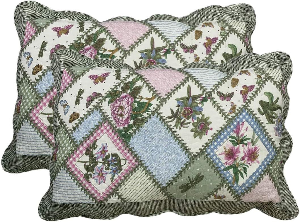 vctops 2-Piece Boho Cotton Quilted Bed Pillow Shams Floral Printed Patchwork Pillow Shams Set, Standard Size (510 Blue, 20"x28")
