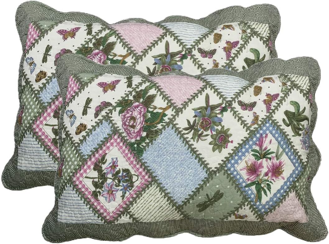 vctops 2-Piece Boho Cotton Quilted Bed Pillow Shams Floral Printed Patchwork Pillow Shams Set, Standard Size (510 Blue, 20"x28")