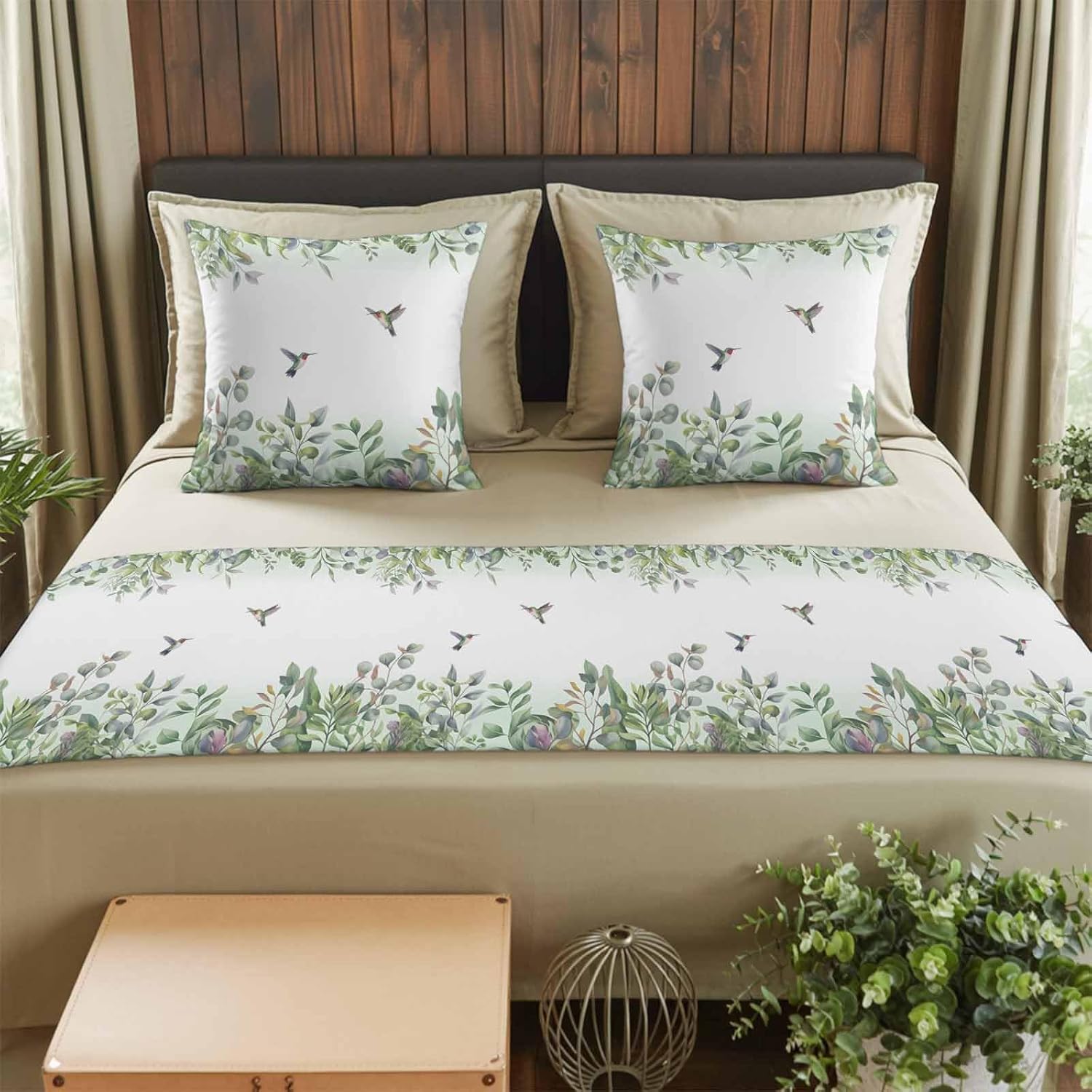 Leaf Bird Bed Runners for Queen Size Beds Sage Greeen Botanical Watercolor Animals Bed Scarf Matching Decorative Throw Pillow Covers Hotel Beds End Blanket Towel Soft Bedspread Protection for Bedroom