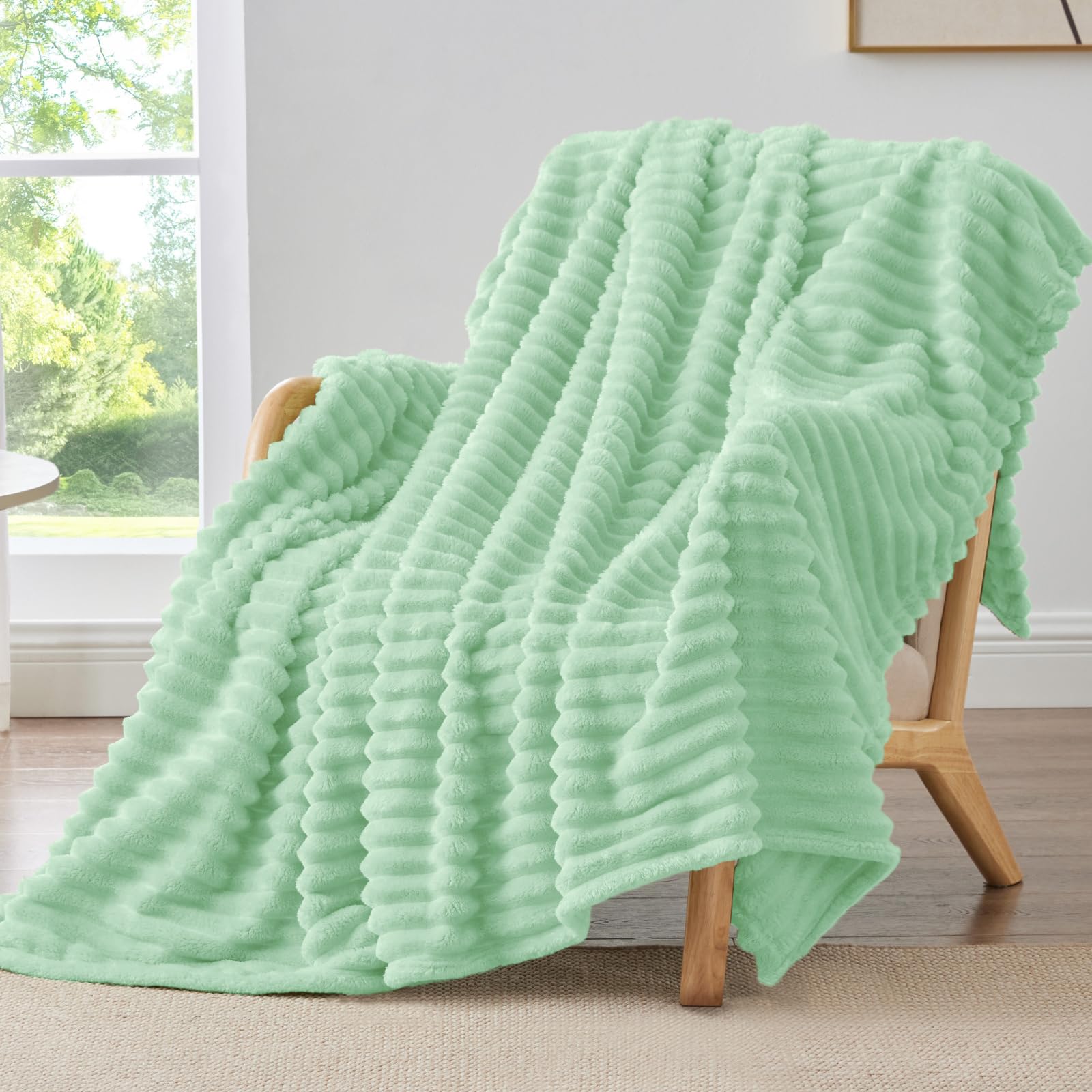 BEDELITE Fleece Throw Blanket for Couch - 300GSM Soft & Warm Fluffy Cream White Blanket, Decorative and Giftable Striped Blankets for Women, Men, 50"x60"
