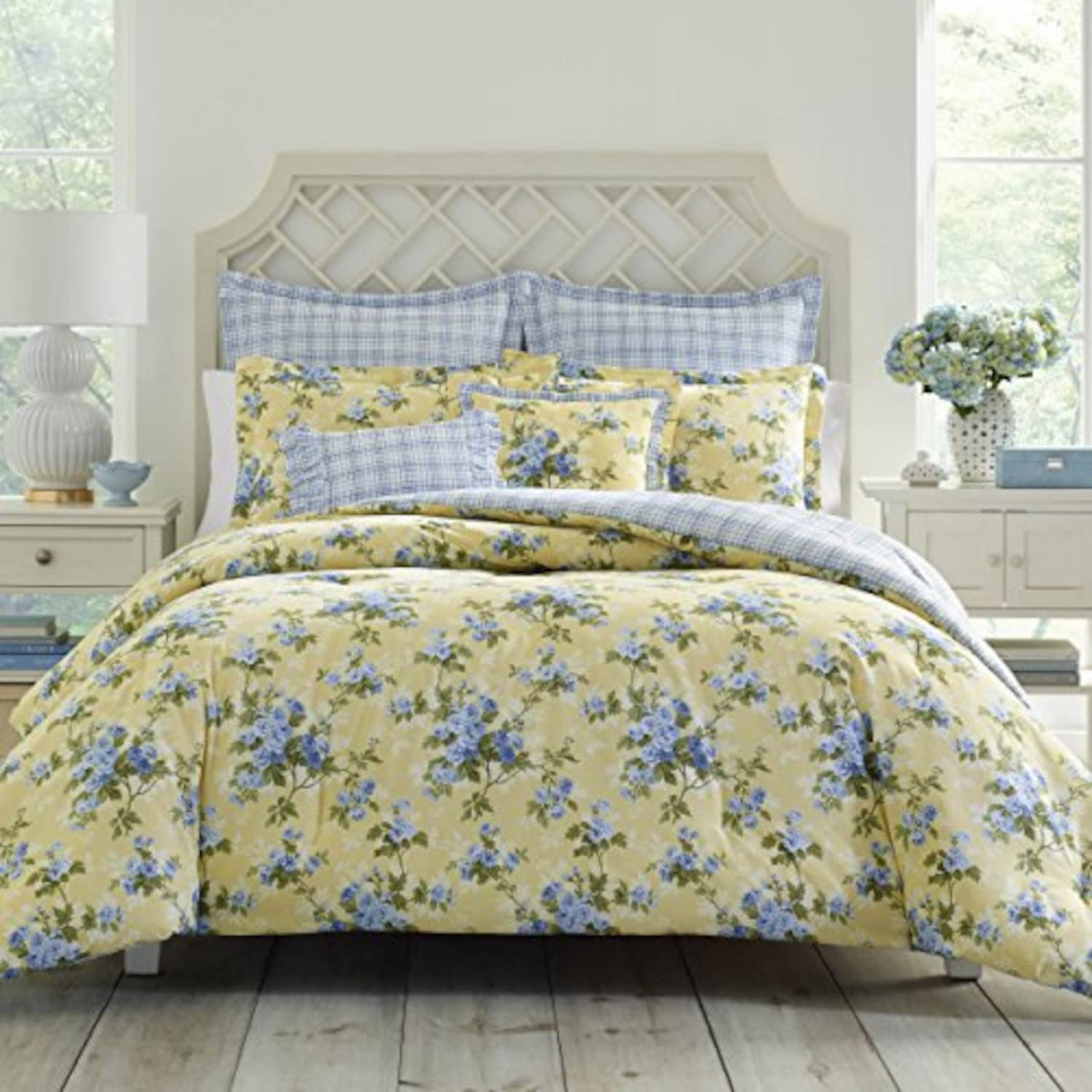 Laura Ashley- King Comforter Set, Cotton Reversible Bedding Set, Includes Matching Shams with Bonus Euro Shams & Throw Pillow Covers (Branch Toile Blue, King)