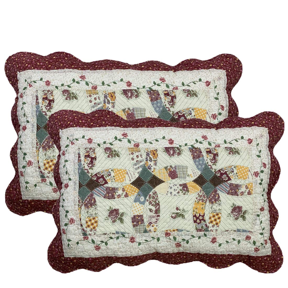 vctops 2-Piece Boho Cotton Quilted Bed Pillow Shams Floral Printed Patchwork Pillow Shams Set, Standard Size (510 Blue, 20"x28")