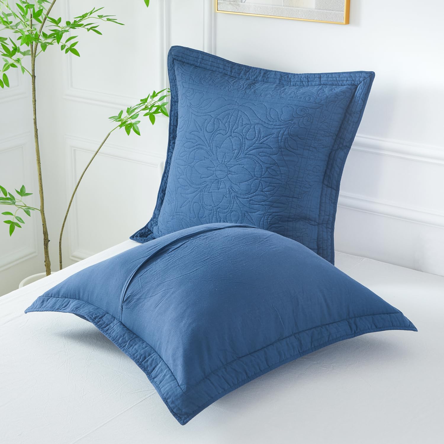 WINLIFE 100% Cotton Quilted Euro Sham Covers, 2 Pack Cotton 26'' x 26'' Pillow Covers, Soft and Breathable Euro Shams, Square Pillow Shams, Navy Blue