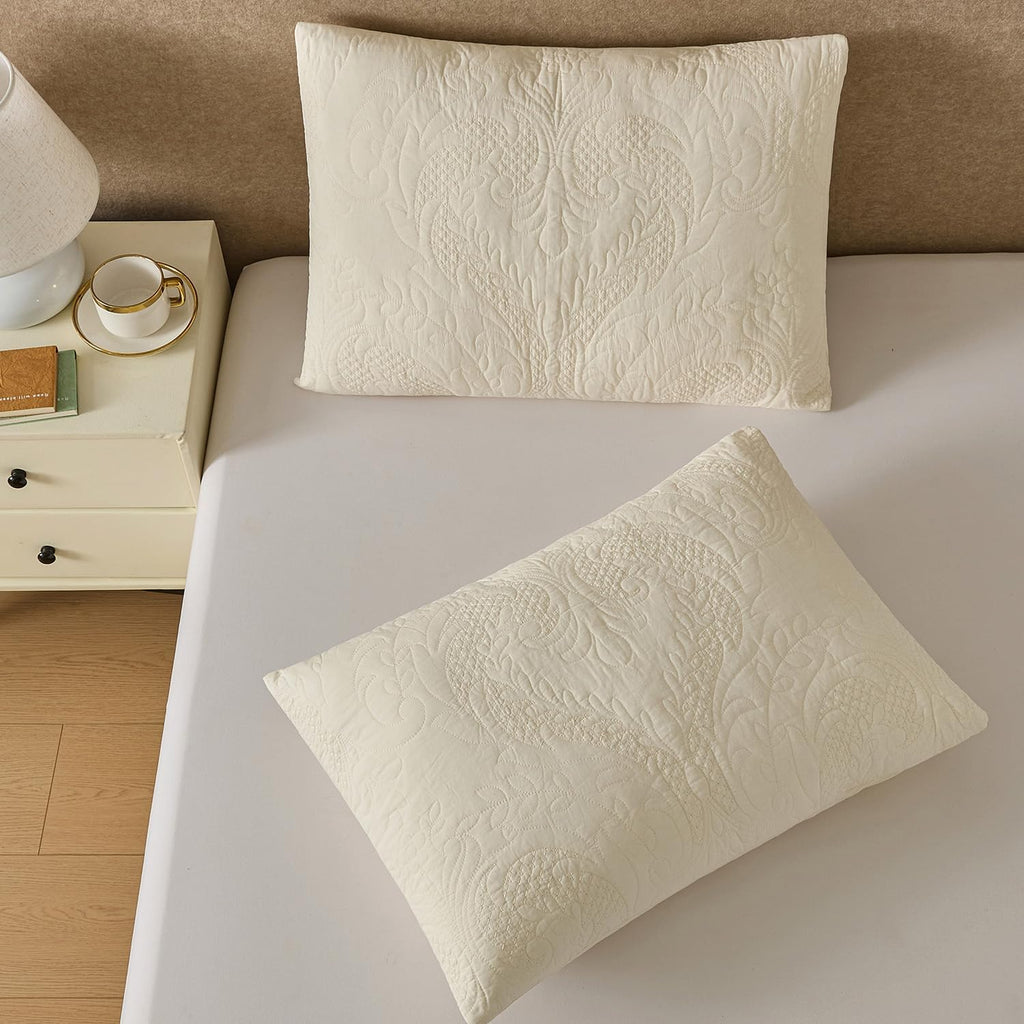 Quilted Pillow Sham Ivory Damask Standard Set of 2 Embroidered Floral Pillowcases Embossed Textured Cotton Vintage Pattern Cream 20×26