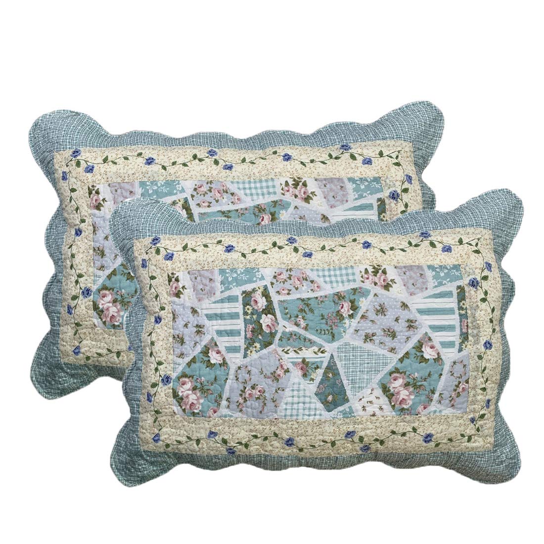 vctops 2-Piece Boho Cotton Quilted Bed Pillow Shams Floral Printed Patchwork Pillow Shams Set, Standard Size (510 Blue, 20"x28")