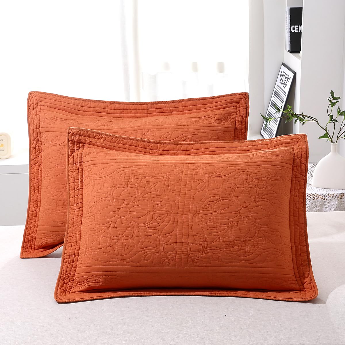 WINLIFE 100% Cotton Quilted Pillow Sham Floral Printed Pillow Cover (Standard, Dusty Pink)