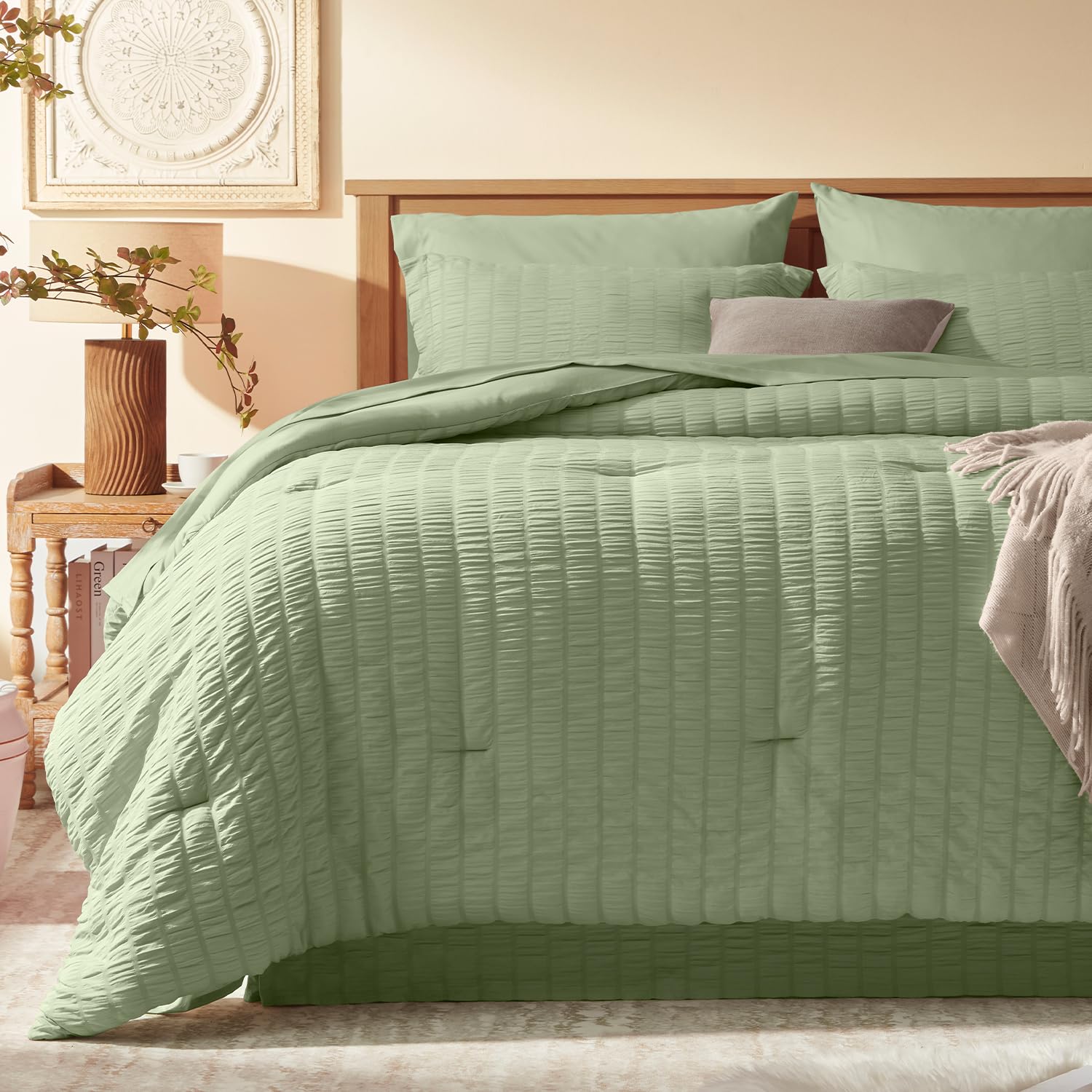 Laojin Balhen Full Size Comforter Set 8 Pieces, Seersucker Bed in a Bag Full, Dark Grey Comforter with Sheets, Comforters Full Size Bedding Sets with Comforter, Sheets, Pillowcase & Sham and Bed Skirt