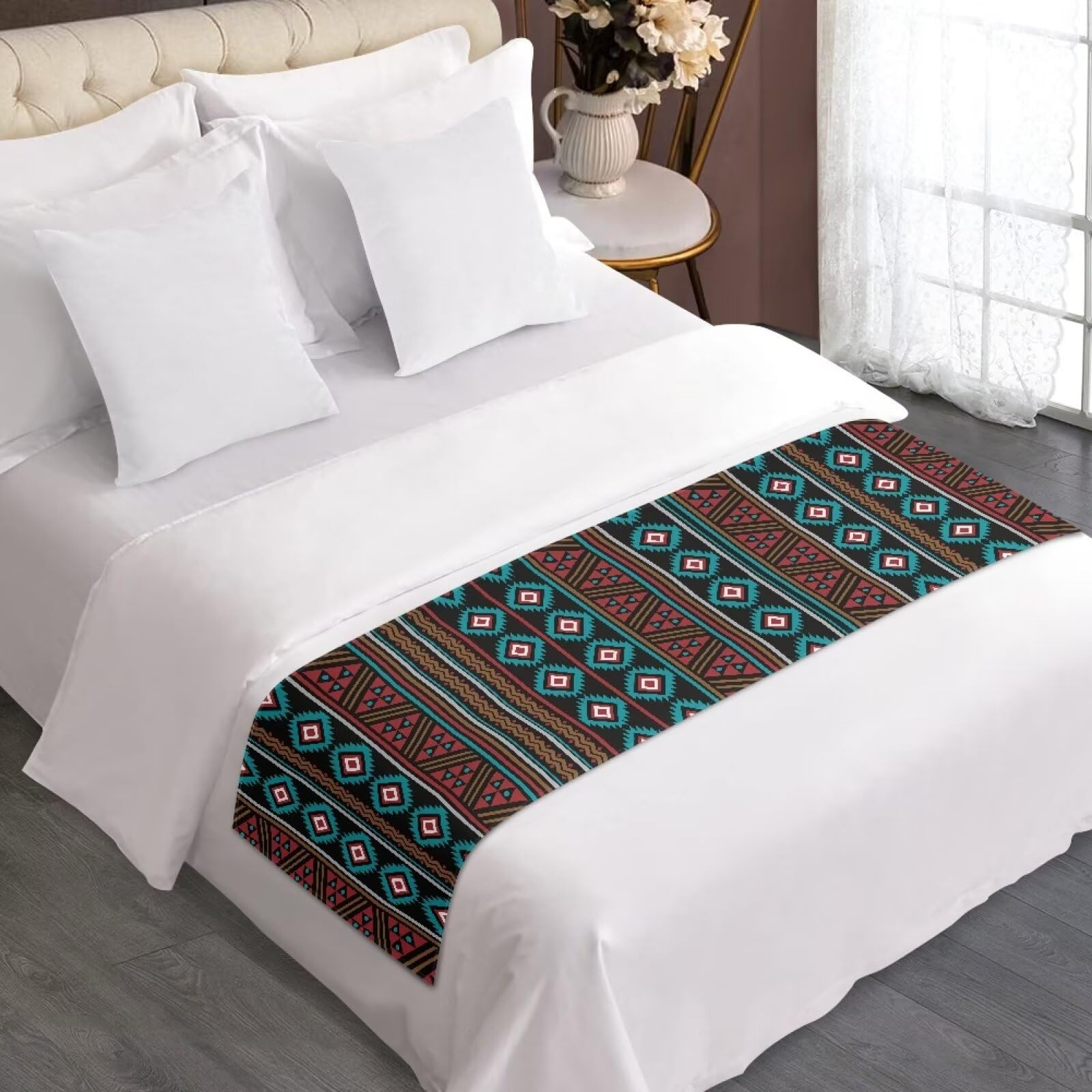 Dreaweet Southwestern Pattern Bed Runner,Aztec Tribal Geometry Pattern Brown Bed Scarf for Foot of Bed Queen Size,Decorative Accent Bedding Scarf for Hotels Homes and Guestrooms