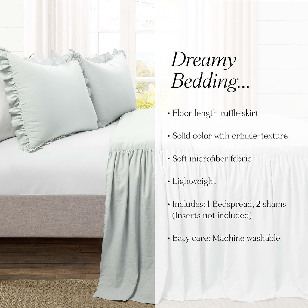Lush Decor Ruffle Skirt Bedspread Set - 3-Piece Luxurious Farmhouse Bedding - Elegant Ruffle Detail - Timeless Style - Soft Lightweight Sheets - Queen, Sea Salt