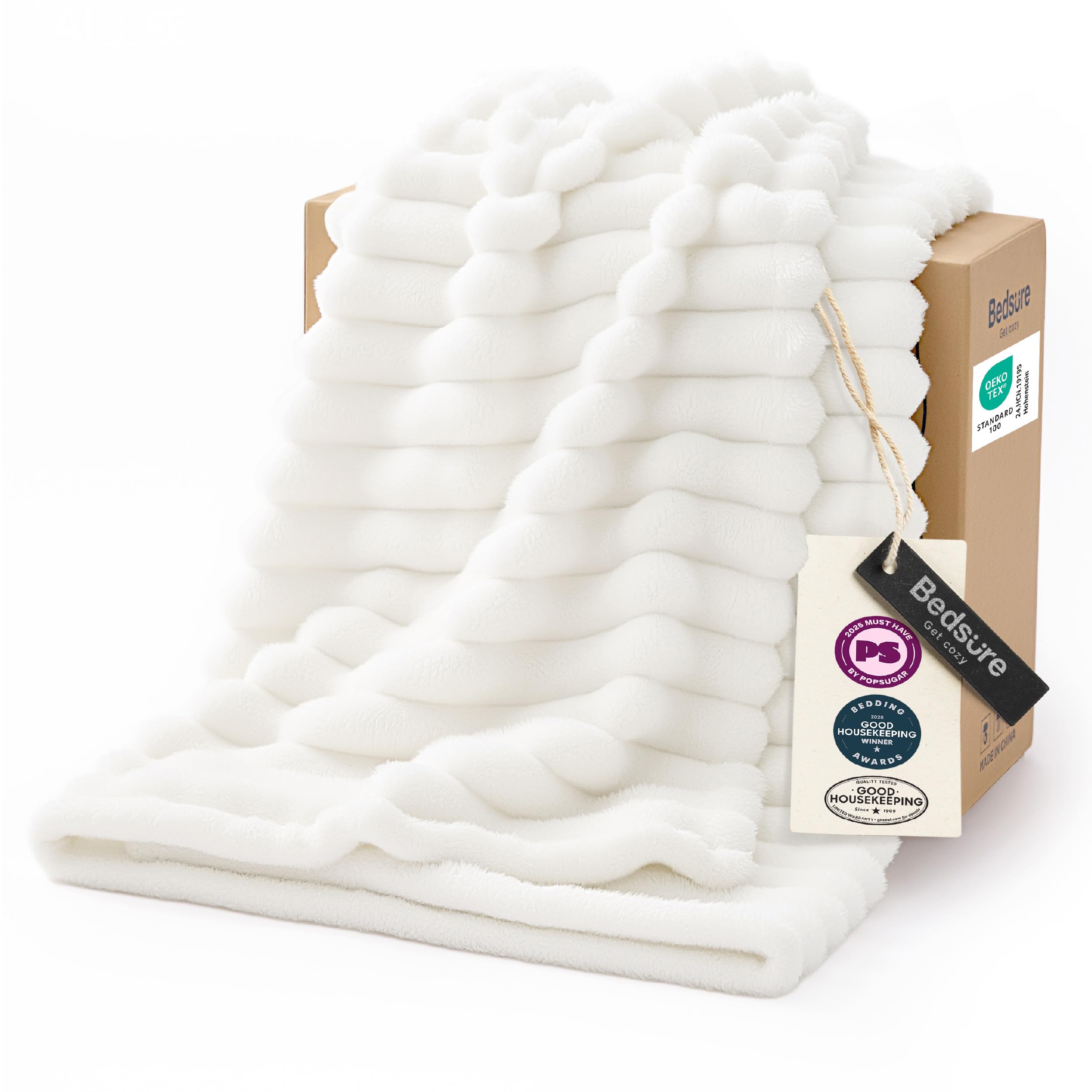 Bedsure GentleSoft Blankets Queen Size for Bed - Cozy Soft Sofa Couch Cover Blankets for Women, Cute Large Bedding Fleece Throws for Girls, Off White, 90x90 Inches