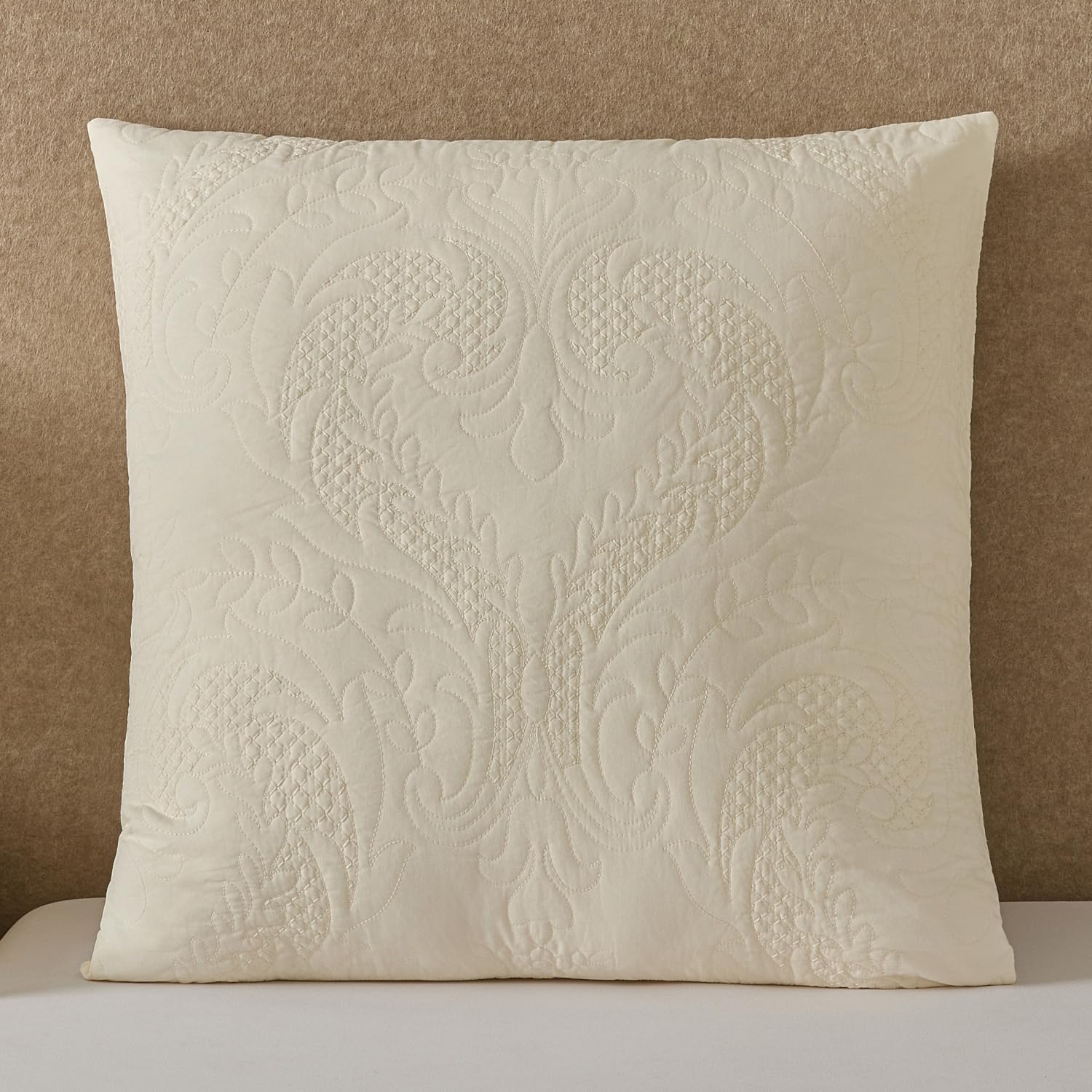 Quilted Pillow Sham Ivory Damask Standard Set of 2 Embroidered Floral Pillowcases Embossed Textured Cotton Vintage Pattern Cream 20×26