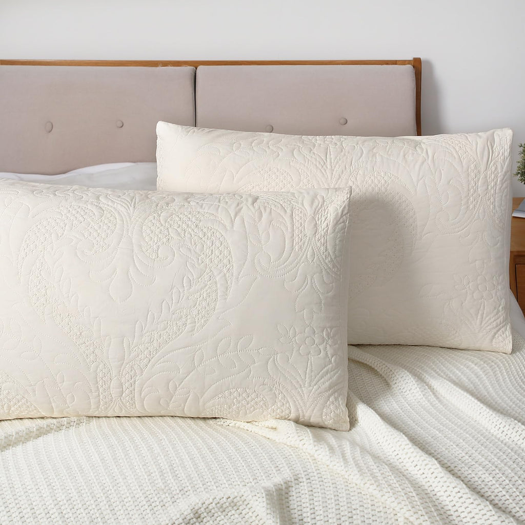 Quilted Pillow Sham Ivory Damask Standard Set of 2 Embroidered Floral Pillowcases Embossed Textured Cotton Vintage Pattern Cream 20×26