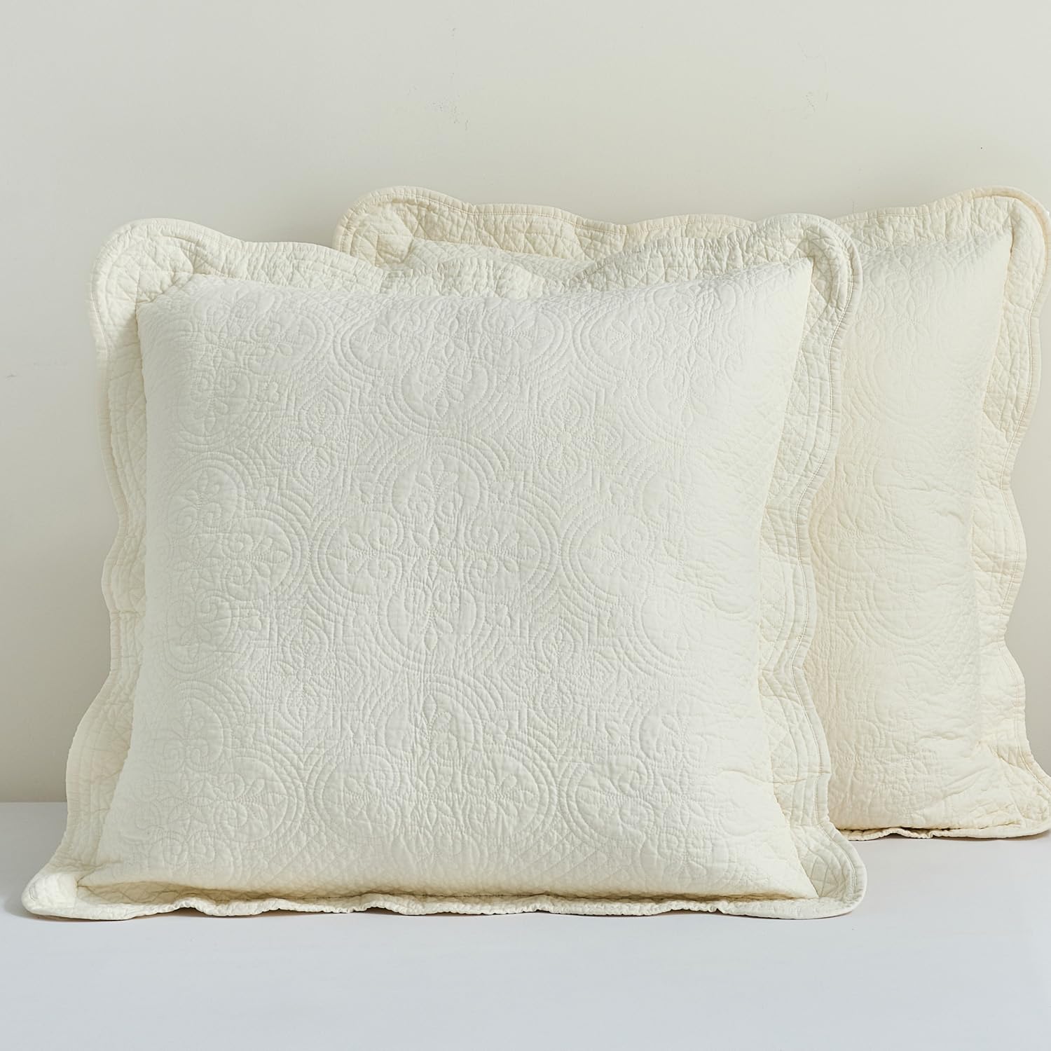 White Quilted Pillow Sham Standard Cotton Medallion Damask Set of 2 Embroidered Floral Pillowcases Scalloped Embossed Matelasse Victorian Vintage Textured Decorative 20×26
